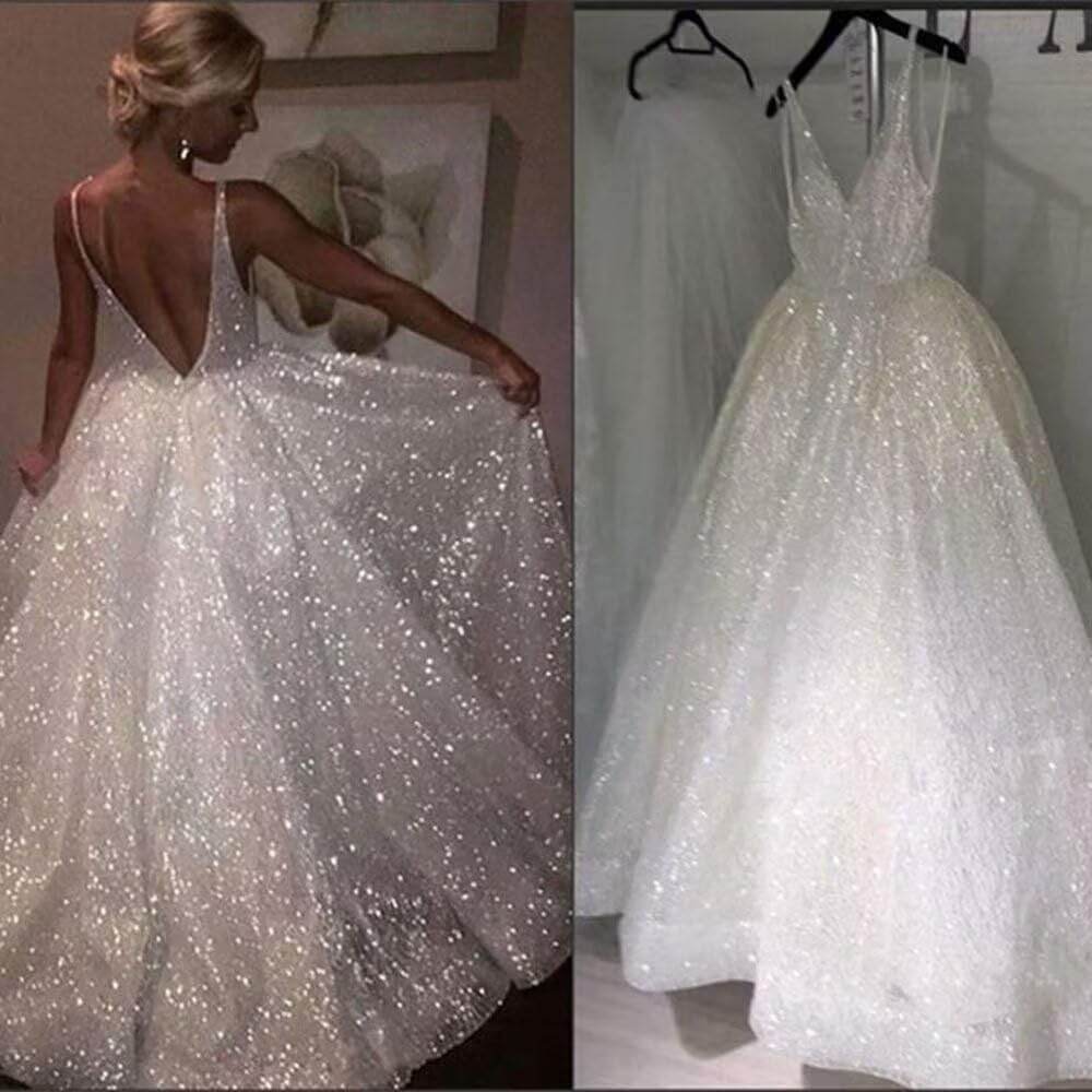 Sparkly Elegant V-Neck Wedding Dress for Bride - Glitter Beach Bridal Gown for Women | Perfect for Beach Weddings, Outdoor Ceremonies & Romantic Parties