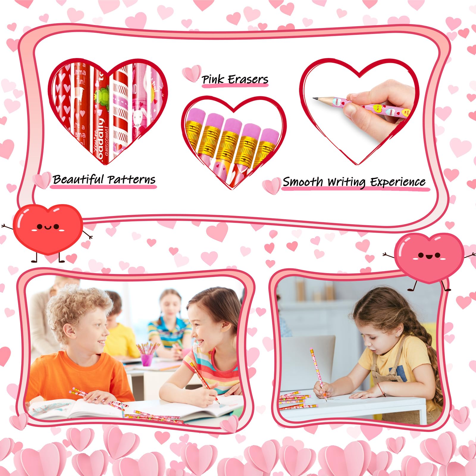 72 Pcs Valentine's Day Pencils Bulk - 12 Styles Pink Wood Pencils with Erasers for Kids, Classroom Rewards, Party Favors & Goodie Bag Fillers - Perfect for Valentine's Gifts, School Events & Holiday Celebrations