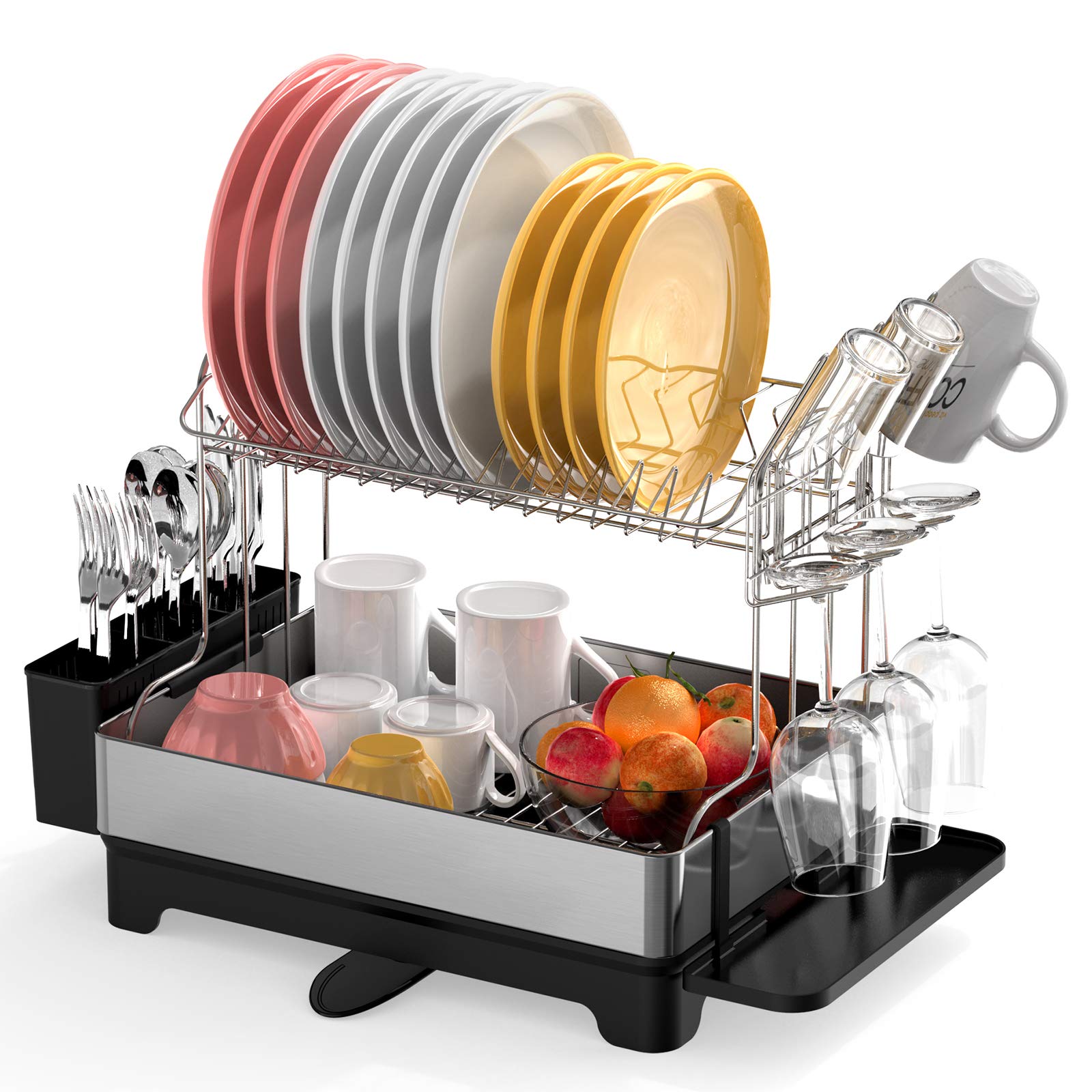 Warmfill 2-Tier Large Dish Drying Rack with Swivel Spout - Space Saving Kitchen Counter Organizer with Wine Glass Holder & Utensil Holder - Perfect for Small Kitchens, Apartments, RV Living (Black)