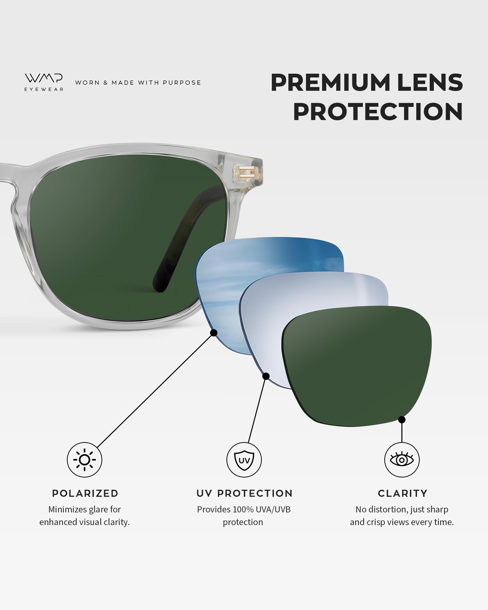 WMP Eyewear - Polarized Square Sunglasses for Men, UV Protection, Lightweight & Stylish - Perfect for Driving, Outdoor Sports & Beach Vacations