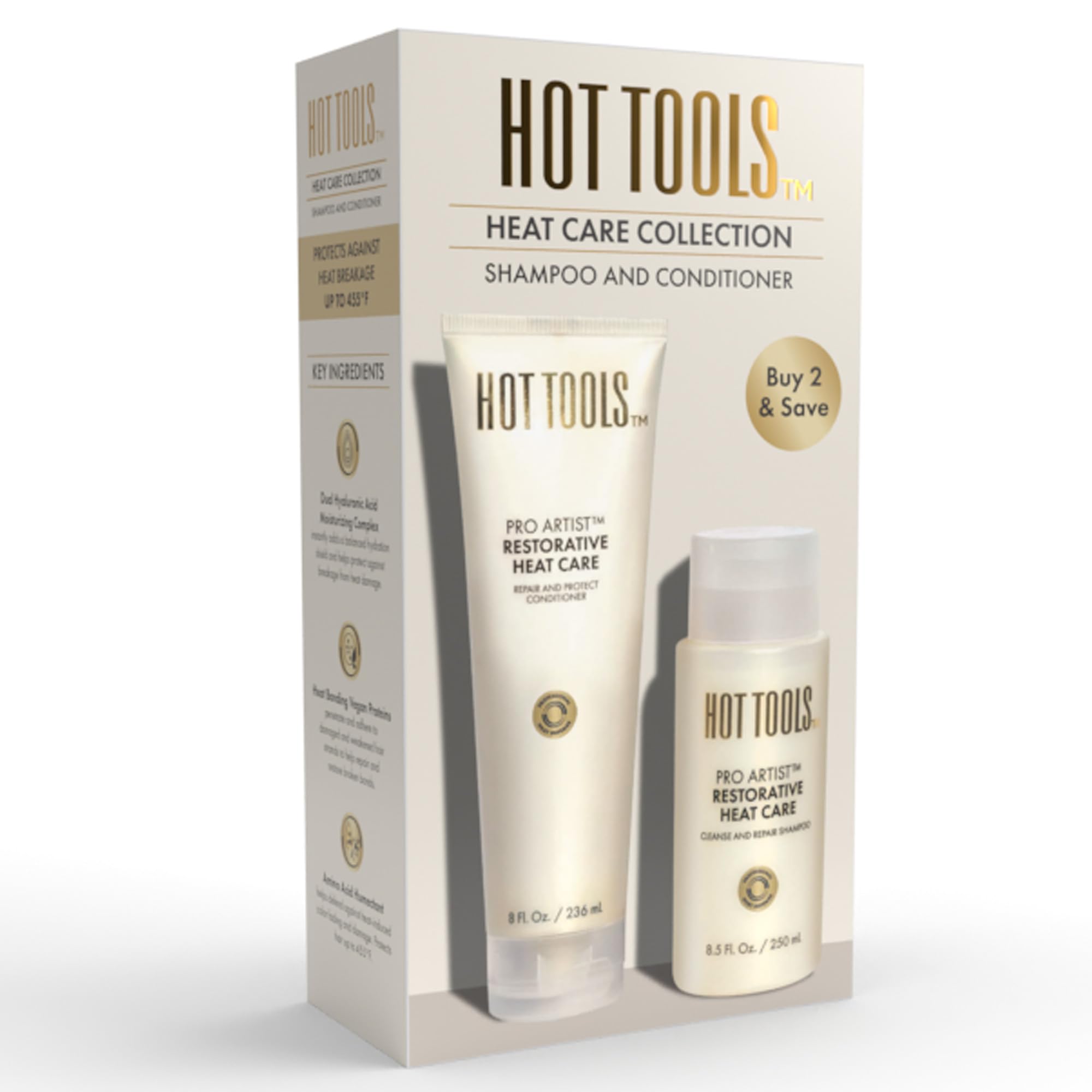 HOT TOOLS™ Pro Artist Heat Protection Shampoo and Conditioner Set for Damaged Hair | Sulfate-Free Repairing & Strengthening Hair Care Duo | Ideal for Blow Drying, Flat Ironing & Heat Styling