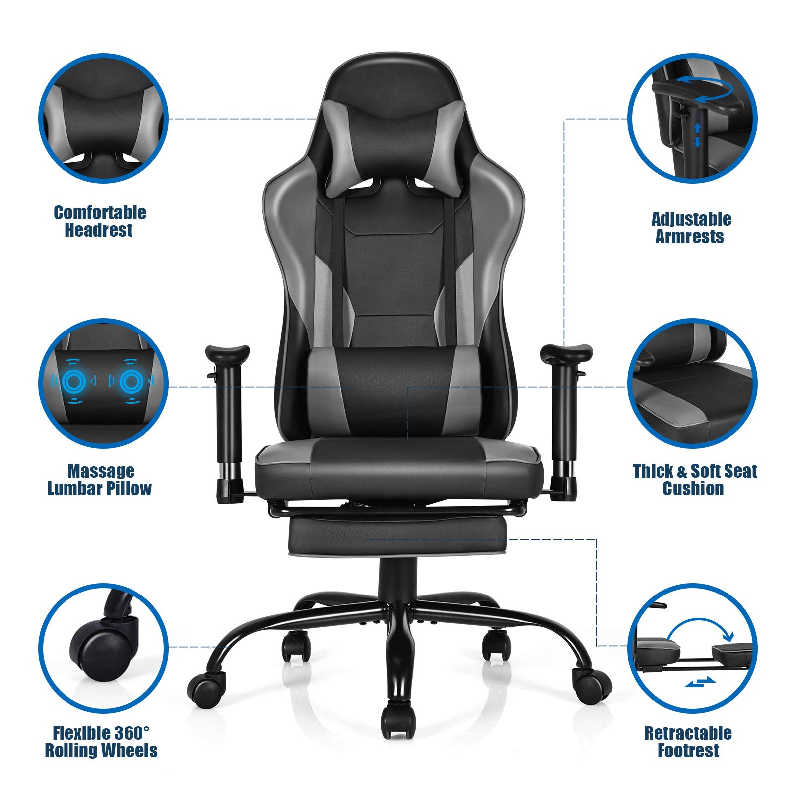GYMAX Ergonomic Gaming Chair - High Back Computer Chair with Adjustable Armrests, Lumbar Support & Massage - Swivel Reclining Office Chair for PC Gamers & Home Office (Black) - Perfect for Esports, Streaming & Long Work Sessions