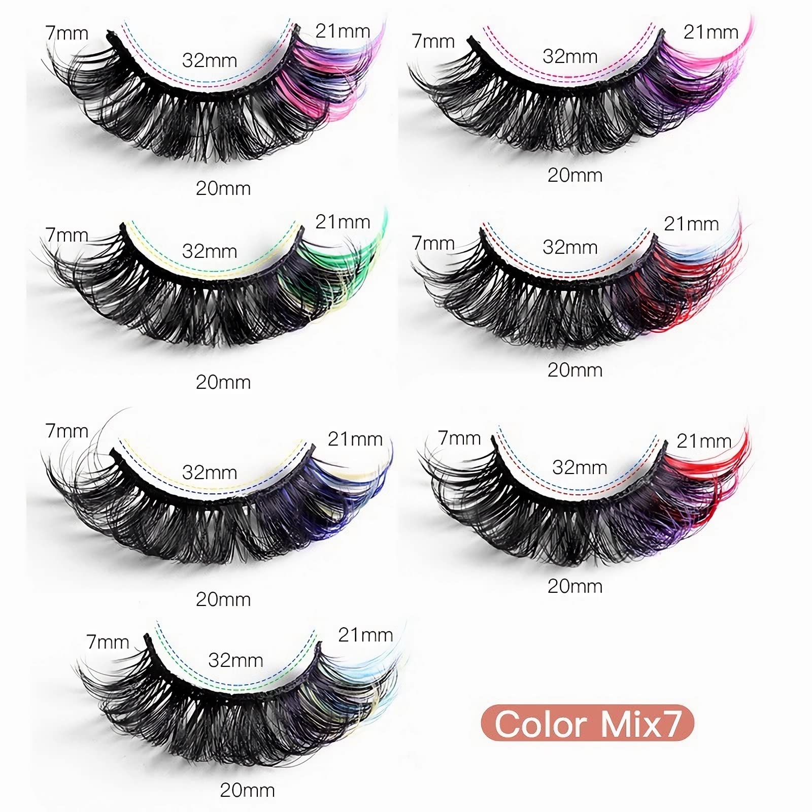 Vibrant Colored Eyelashes - 5D Fluffy Russian Strip Lashes with D Curl | Reusable Faux Mink False Lashes (7 Pairs) | Perfect for Cosplay, Halloween, Rave & Bold Makeup Looks
