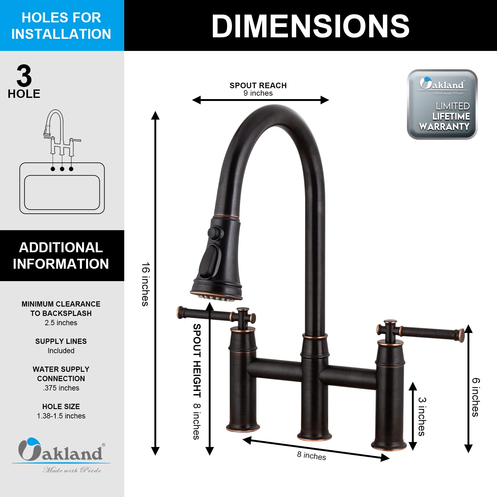 Oil Rubbed Bronze Bridge Kitchen Faucet with Pull Down Sprayer - Oakland Brass 2 Handle 3 Hole Spot-Resistant Lead-Free Faucet (Model KSK8239-ORB) - Perfect for Modern Farmhouse & Industrial Style Kitchens