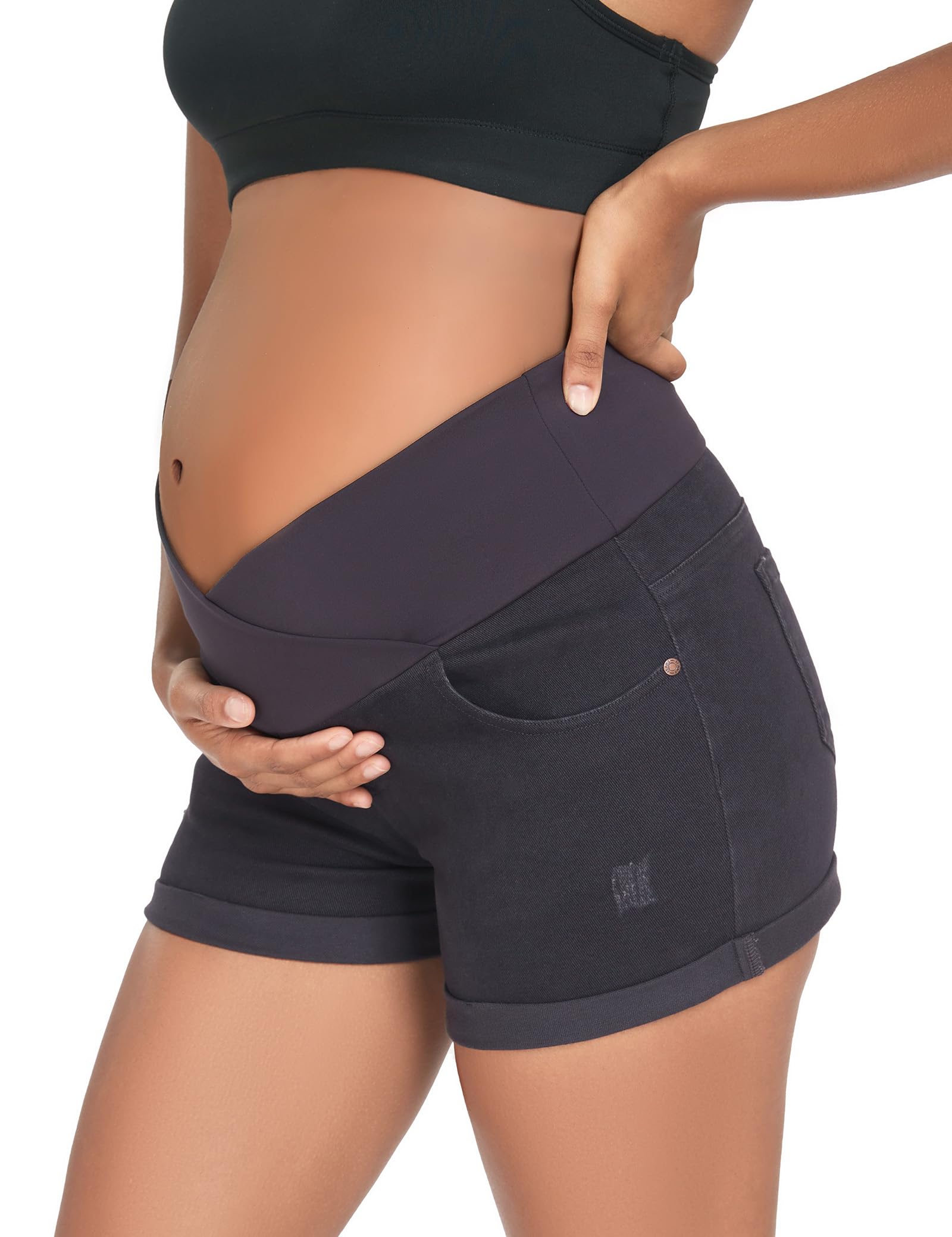HOFISH Women's Maternity Jeans Shorts - Over The Belly Stretchy Denim Shorts for Pregnancy - Comfortable Casual & Workout Wear - Perfect for Summer, Travel and Everyday Maternity Outfits