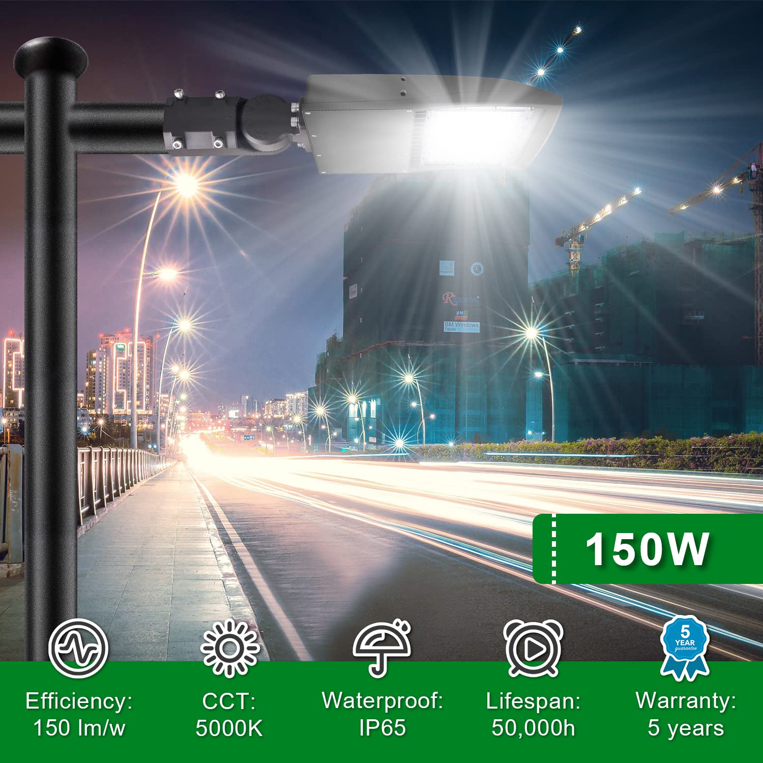 OSTEK 480V 150W LED Shoebox Light - 21000LM DLC & UL Certified Waterproof Outdoor Lighting - Commercial Parking Lot & Street Pole Lights (5000K Daylight White) - Perfect for Roadways, Gas Stations & Warehouse Areas