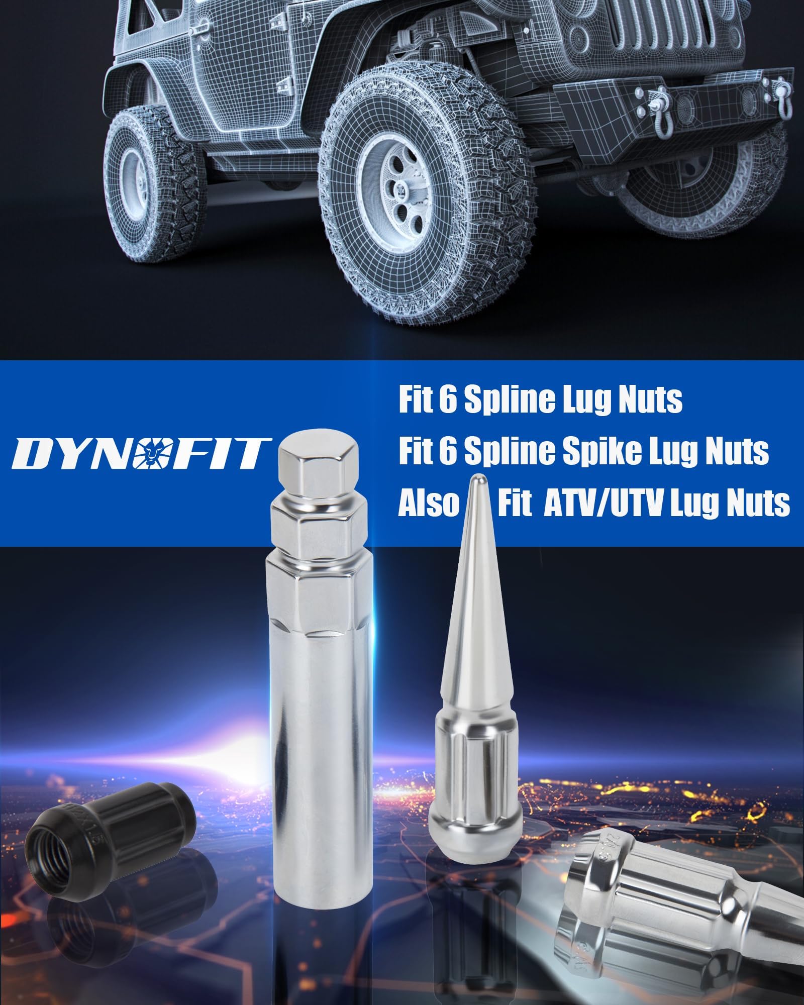 Dynofit 6 Spline Lug Nuts Socket Key - Universal Chrome Spike Lug Nut Wrench Tool for 19mm, 17mm, 14mm Hex - Fits M12X1.5, 12X1.25, 1/2