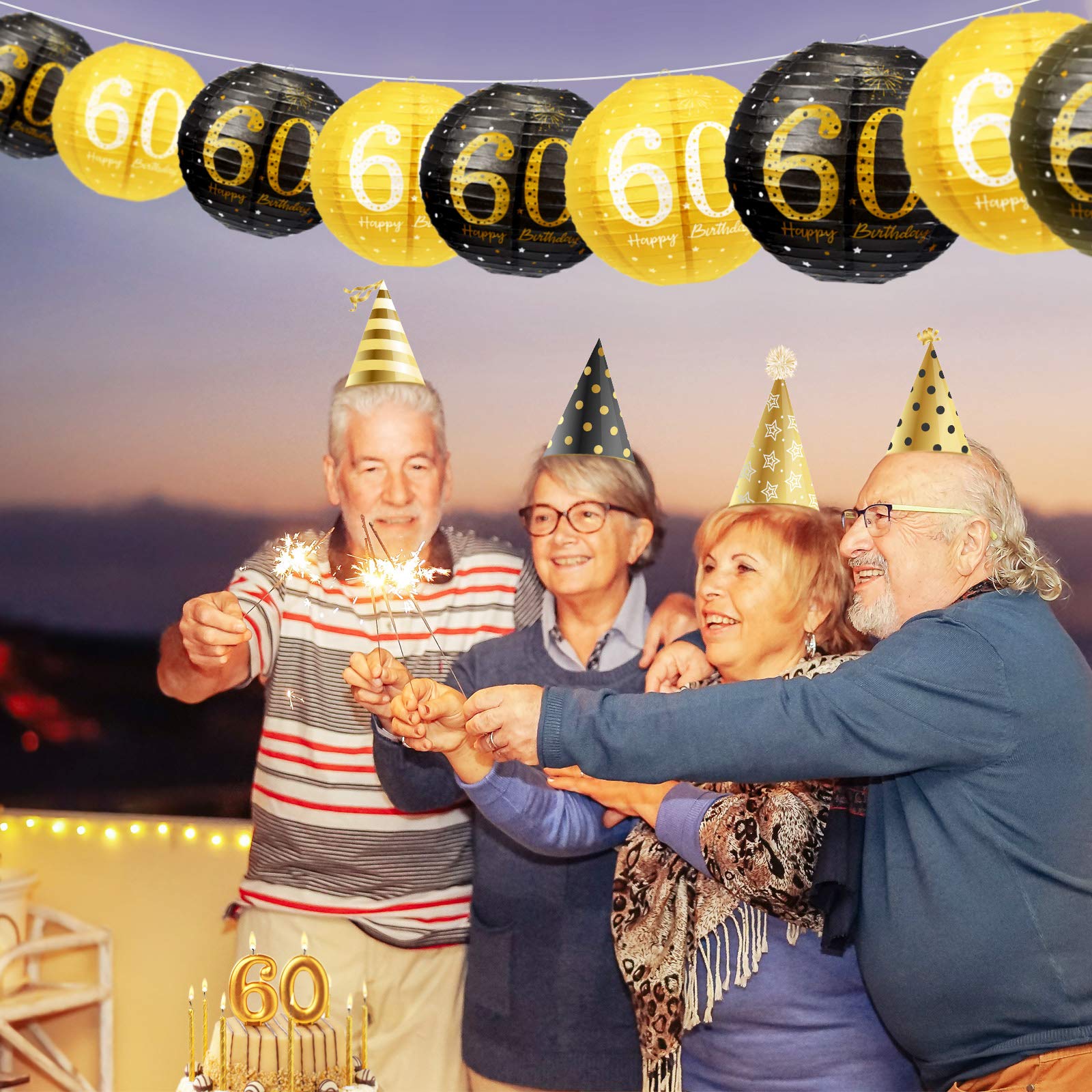 6 Pack Black Gold Glitter Hanging Paper Lanterns - Birthday Party Decorations for Men, Women, Teens - 60th Anniversary Party Supplies - Perfect for Indoor/Outdoor Celebrations, Baby Showers & Graduations