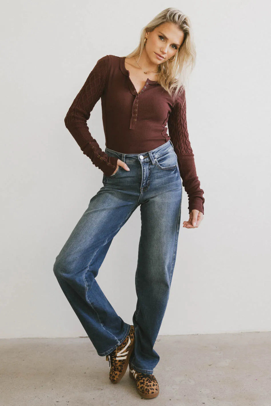 Naomi Cable Knit Sleeve Top - Red Brown Women's Sweater | Cozy Winter Pullover for Casual Outfits & Holiday Gatherings