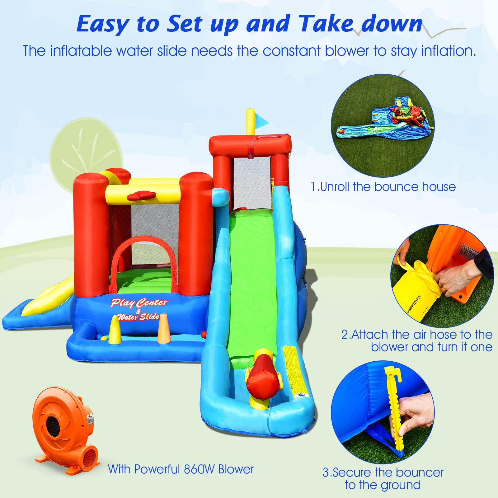 BOUNTECH Inflatable Water Slide for Kids - Bounce House with Waterslide, 860W Blower, Long Slide & Splash Pool - Portable Backyard Water Park for Toddlers, Boys & Girls - Perfect for Birthday Parties, Summer Fun & Outdoor Play
