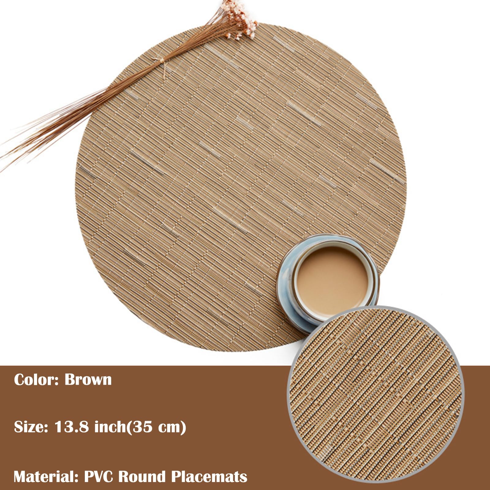 6-Pack Round Woven Table Placemats - 13.8 Inch Washable Non-Slip Placemats for Christmas, Home, Wedding & Party Decor - Brown - Perfect for Dining Tables, Kitchen Countertops, and Holiday Gatherings