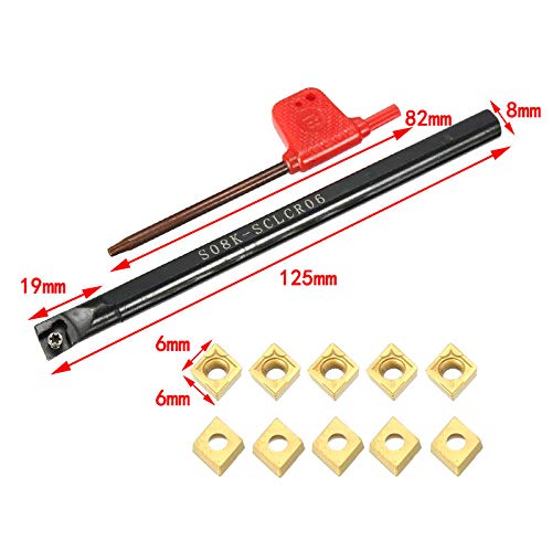 S08K-SCLCR06 Boring Bar Tool Holder with 10pcs CCMT060204-HM Carbide Inserts & Wrench - Lathe Turning Tool for Metalworking, CNC Machining, and DIY Projects