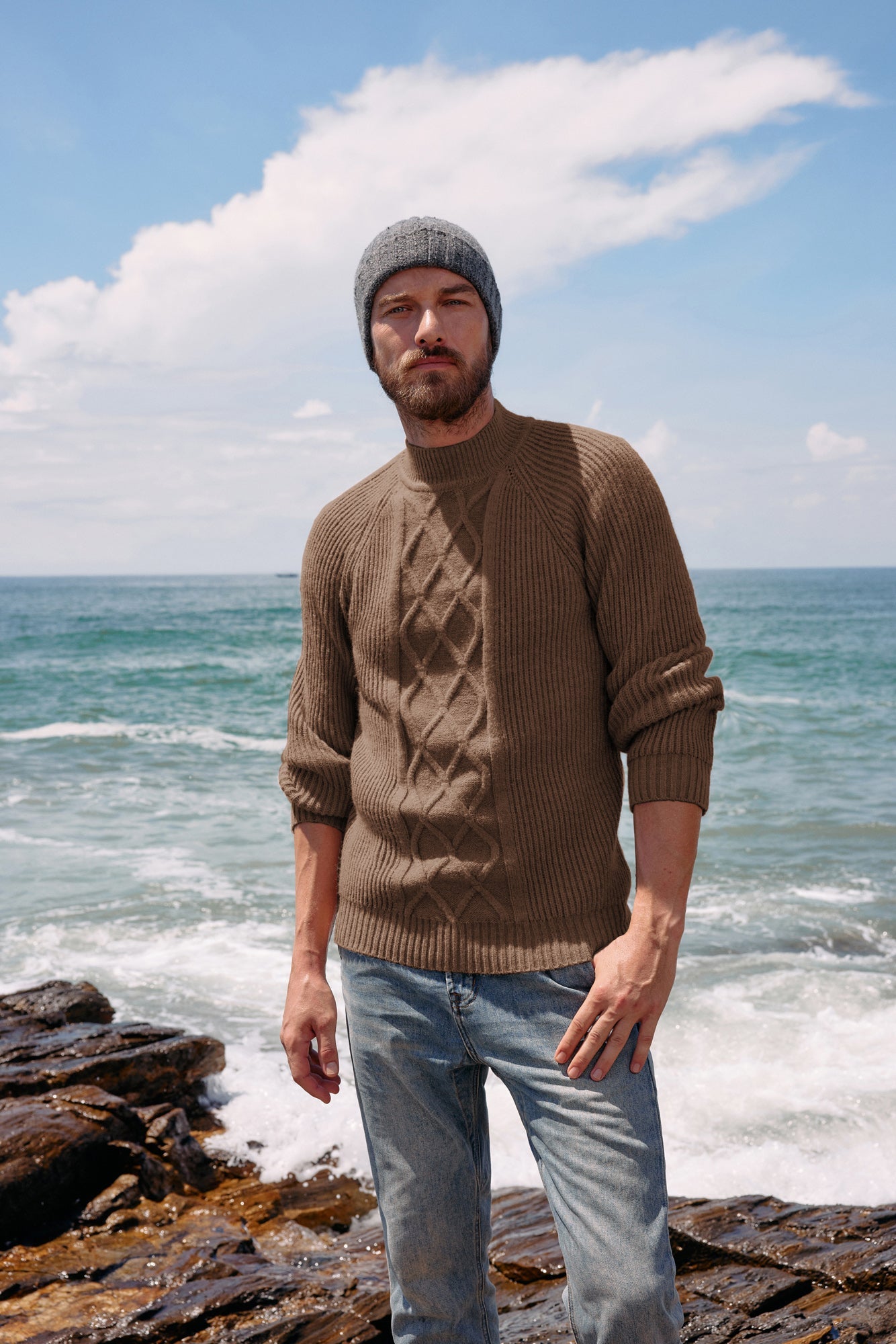 Men's Cable Knit Mock Neck Sweater - Soft Casual Pullover for Winter - Perfect for Office, Dates & Holiday Outfits
