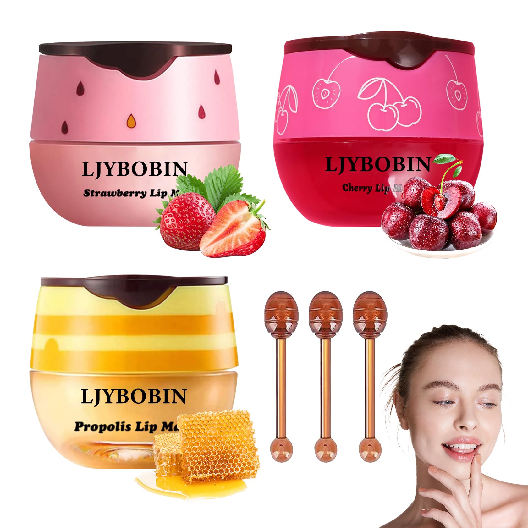 3PCS Bee Lip Balm Set - Honey Pot with Brush, Hydrating Day & Night Lip Mask, Tinted Lip Balm (Honey, Strawberry, Cherry) - Non-Greasy Exfoliator & Moisturizer for Dry Lips - Perfect for Daily Care, Gifts & Travel