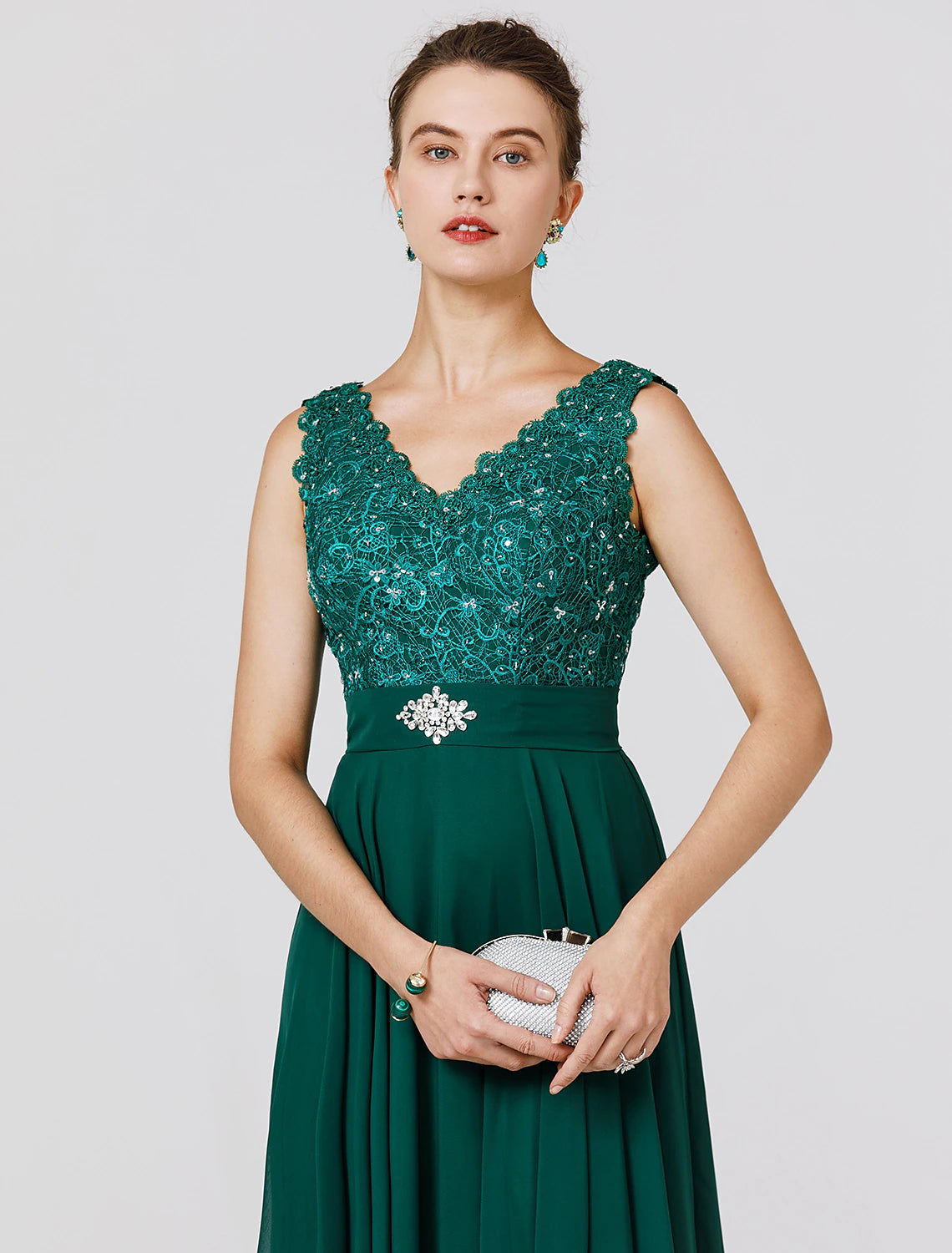 Elegant A-Line Chiffon Wedding Guest Dress - Floor Length, Sleeveless V-Neck with V-Back, Beaded Sash Ribbon | Perfect for Formal Events, Bridal Showers, and Evening Parties
