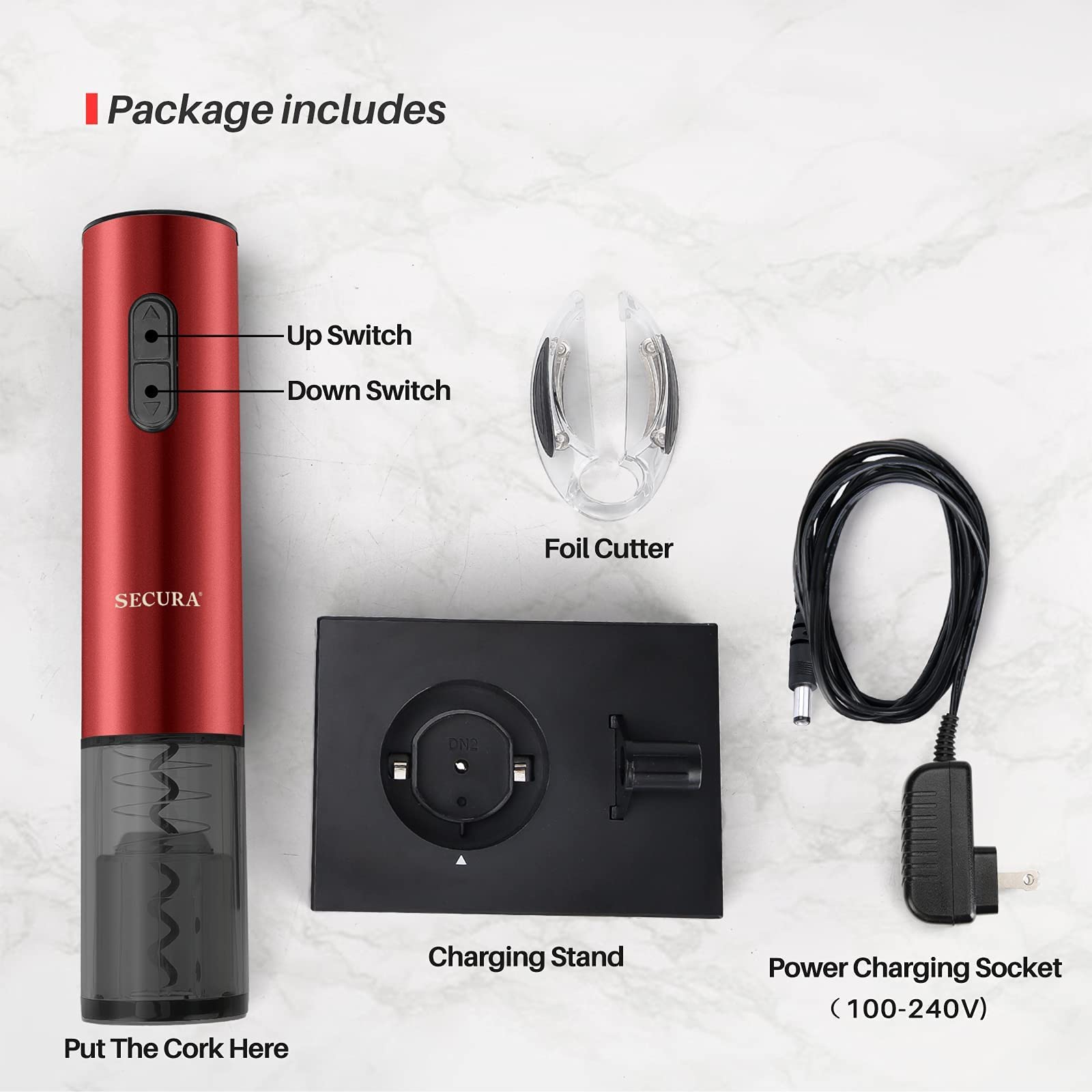 Secura Rechargeable Automatic Electric Wine Bottle Opener with Foil Cutter - Cordless Corkscrew for Red Wine, White Wine & Champagne - Perfect for Home, Parties & Gifts (Red)