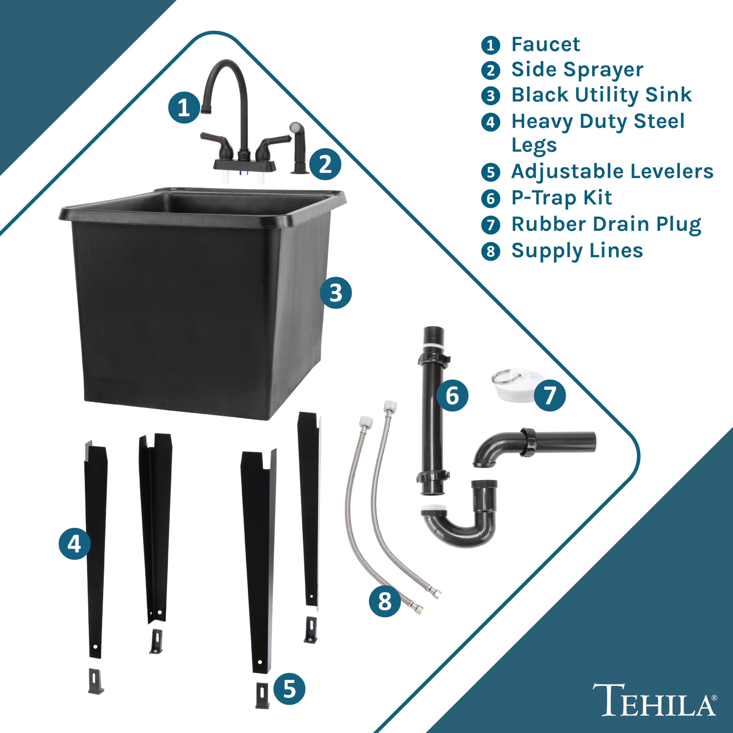 Black Space Saver Utility Sink by JS Jackson Supplies - Freestanding Laundry Tub with Gooseneck Faucet & Side Sprayer - Perfect for Small Laundry Rooms, Basements & Garages