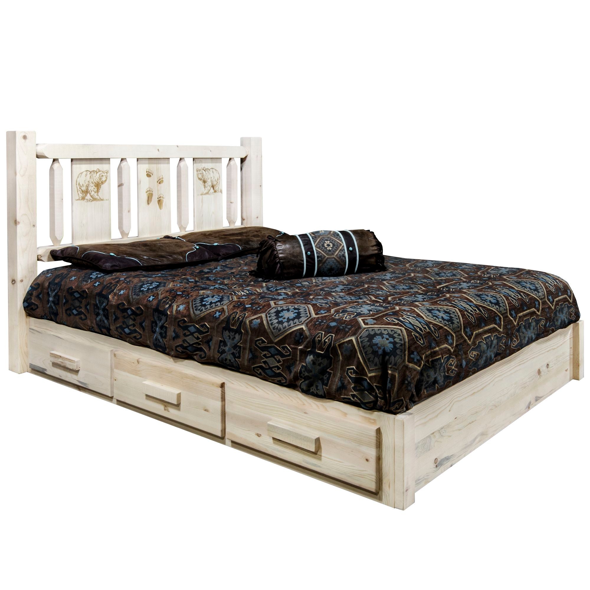 Homestead Platform Bed with Storage - Laser Engraved Bear Design & Clear Lacquer Finish - Perfect for Small Bedrooms and Modern Farmhouse Decor