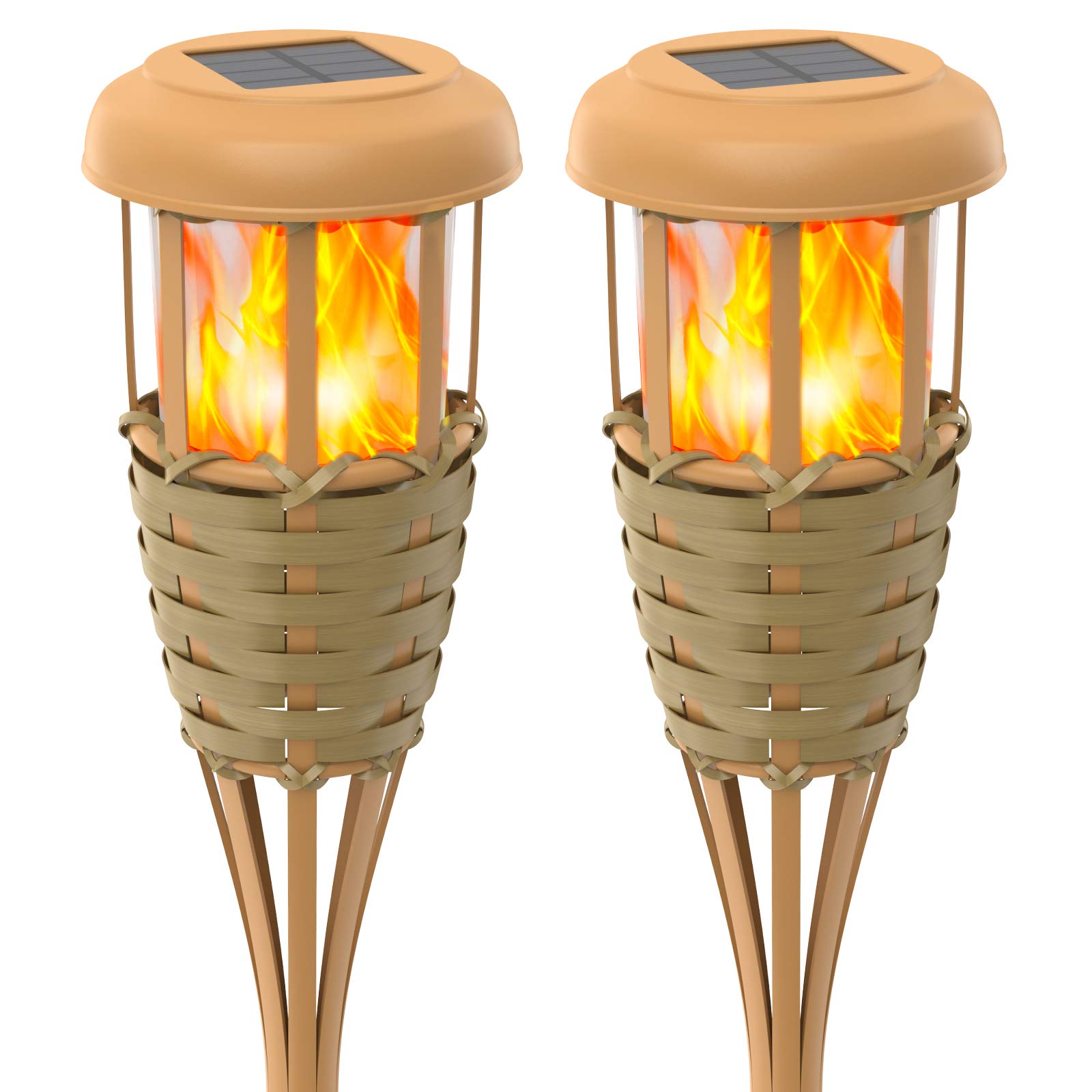Upgraded Solar Torches Outdoor Lights - Waterproof Flickering Flame Solar Powered Decorative Lighting with Auto On/Off, Handmade Bamboo Finish (2-Pack) - Perfect for Garden, Patio, Pathway, and Backyard Decor