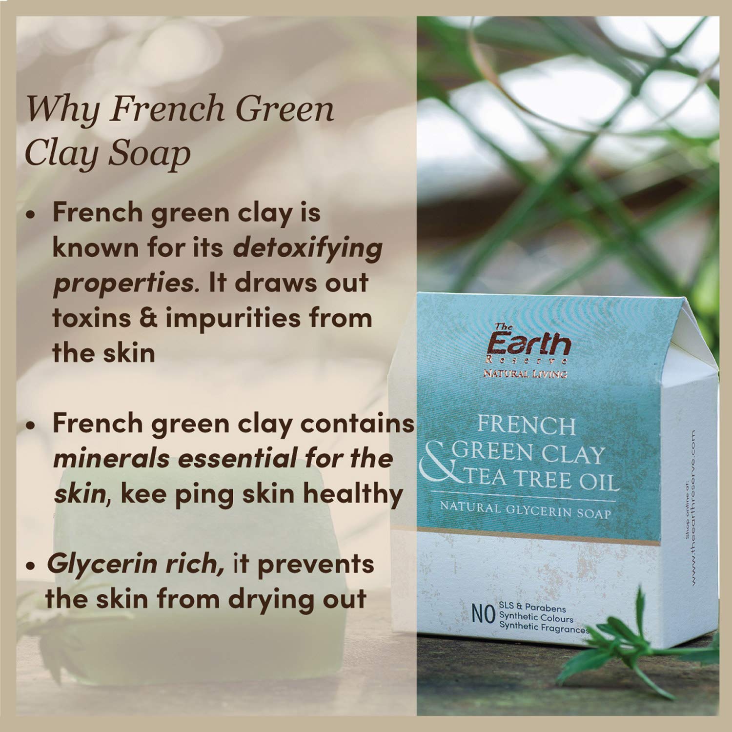 Earth Reserve French Green Clay & Tea Tree Oil Soap | Handmade Natural Glycerin Bar Soap (100g) for Acne, Oily Skin & Deep Cleansing | Vegan, Cruelty-Free Skincare for Face & Body