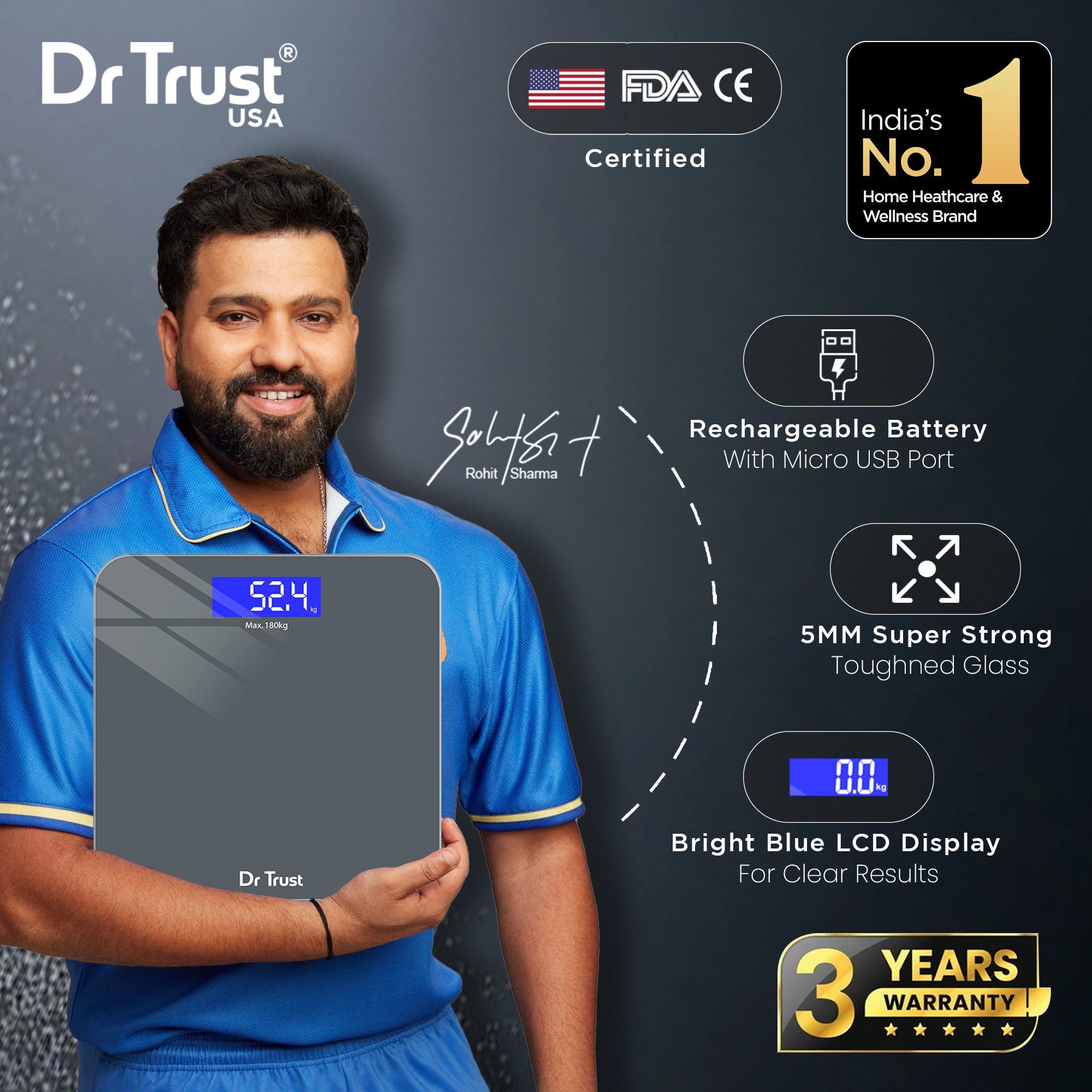 Dr Trust USA Platinum Rechargeable Digital Bathroom Scale - High Precision Body Weight Scale for Home & Gym Use, BMI Calculator with LCD Display, 400 lbs Capacity