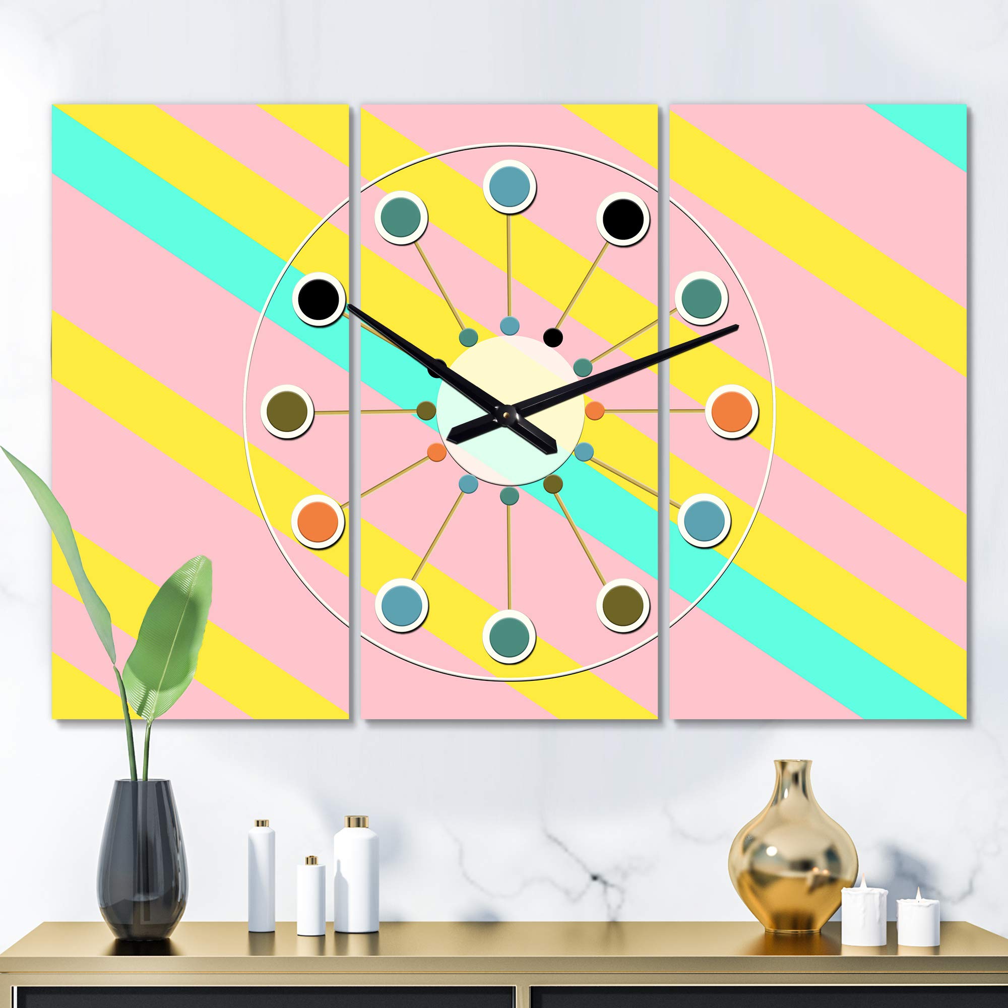 DesignQ Mid-Century Modern Wall Clock - Memphis Retro Neon Pattern Yellow Round Clock for Kitchen, Living Room, Office Decor | Silent Non-Ticking Battery Operated Wall Clock for Home & Office Use