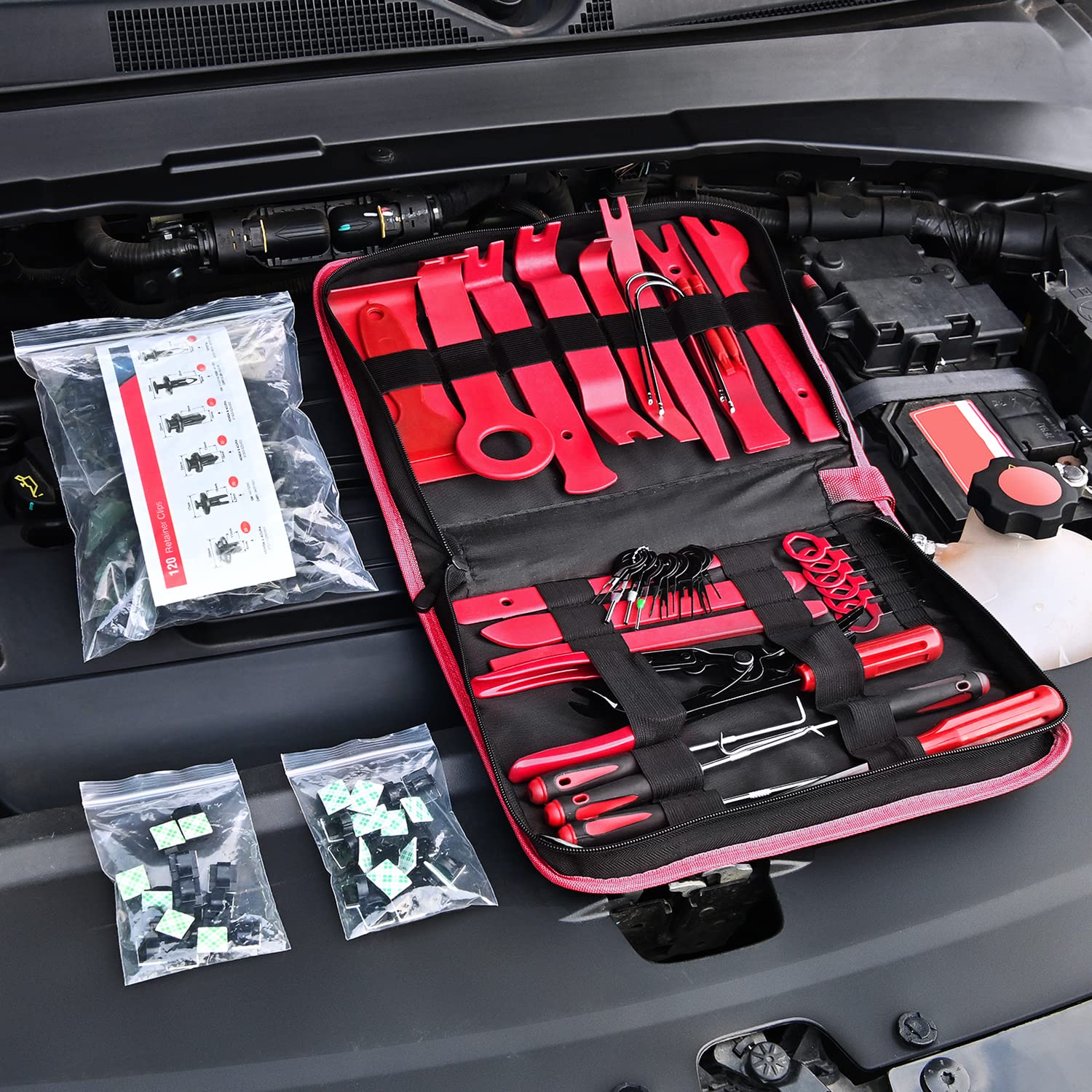 Nilight 200Pcs Car Trim Removal Tool Kit - Auto Push Pin Bumper Retainer Clip Set, Fastener Terminal Remover & Adhesive Cable Clips with Round Handle Crowbar - Perfect for Car Panel, Radio Installation & Auto Repair - 2 Year Warranty