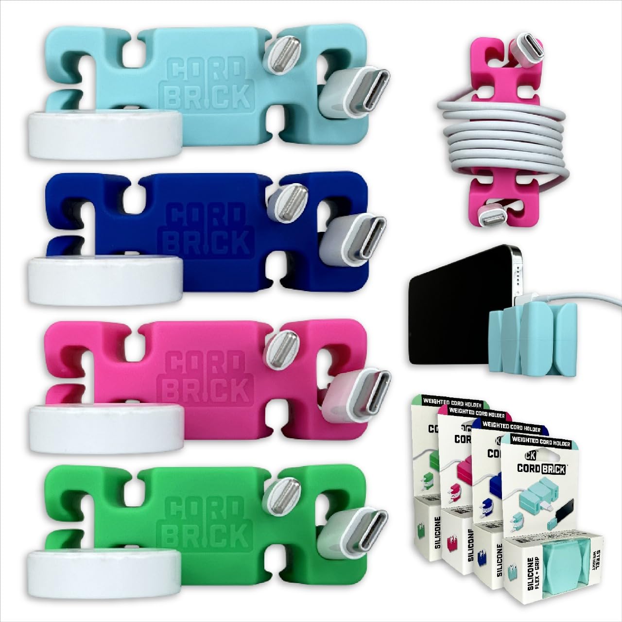 4-Pack Weighted Cord Holder for Nightstand - Phone Charger Cable Organizer for Travel & Home - Multipurpose Gift for Adults (Home, Office, Car Use) - Perfect for Desk, Nightstand, and Travel Accessories