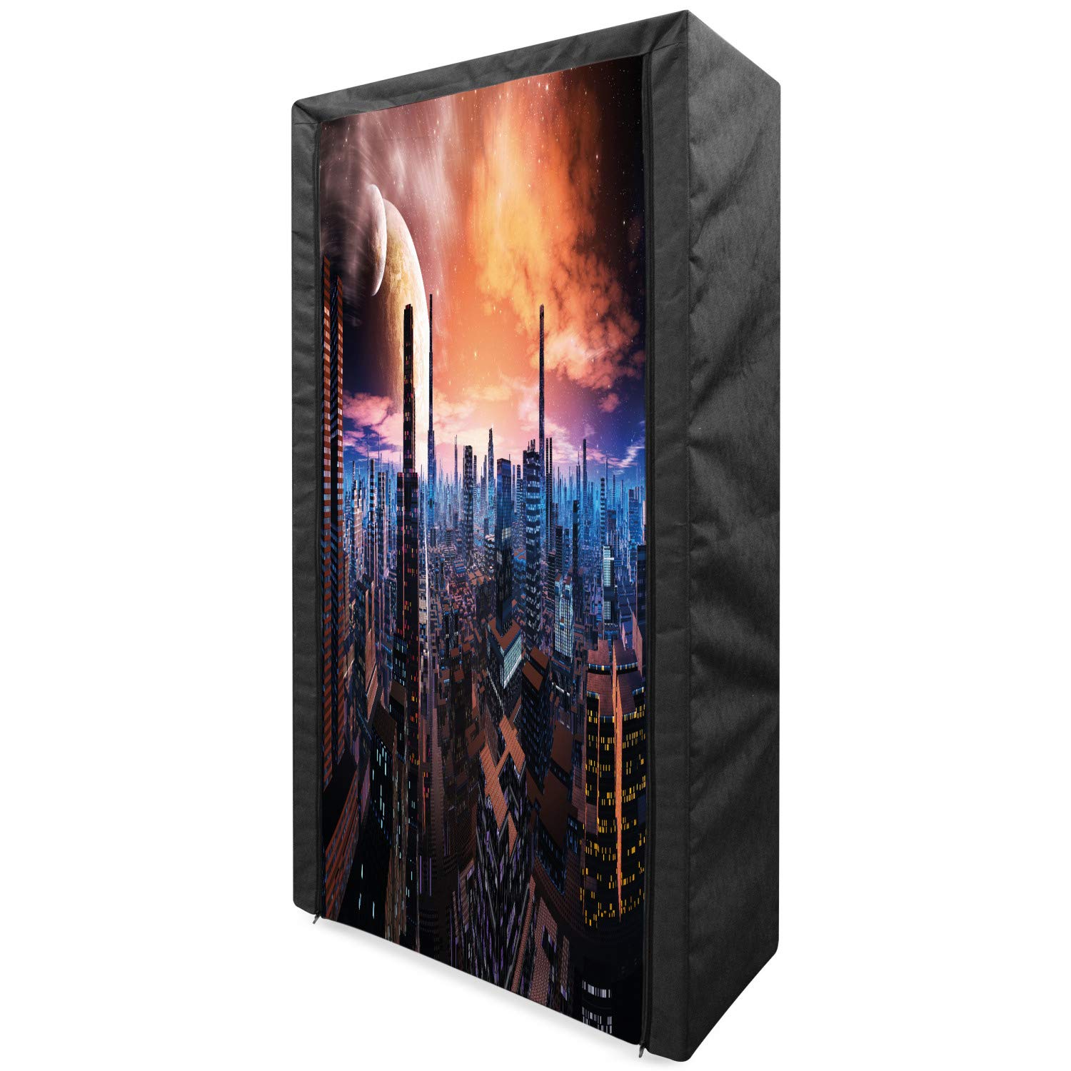Ambesonne Futuristic Cityscape Portable Fabric Wardrobe - Sci-Fi Inspired Clothing Organizer with Shelves, 33.5