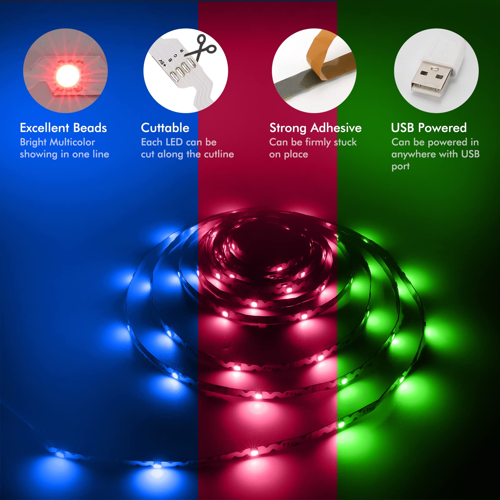 RGB+W LED TV Backlight Strip - 16.4ft USB-Powered Bias Lighting for HDTV, PC & Gaming Setup with Music Sync & Timer - Perfect for Home Theater, Bedroom Decor & Immersive Gaming Experience