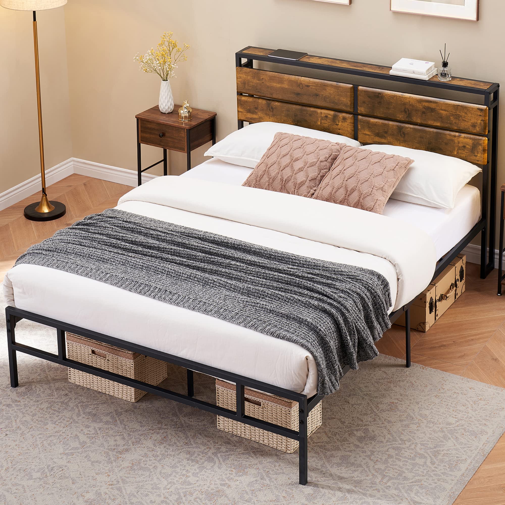 Sturdy Metal Full Size Platform Bed Frame with Storage & Rustic Wood Headboard - No Box Spring Needed, Heavy Duty Metal Slats for Mattress Support - Perfect for Bedroom, Guest Room & Small Space Living