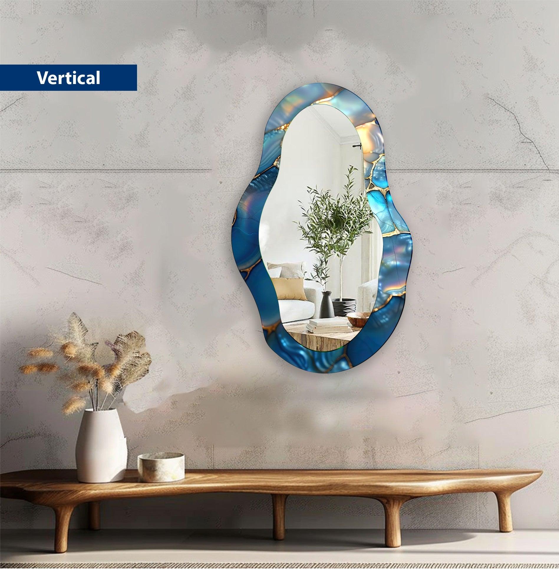 Blue Metallic Asymmetrical Wall Mirror - Modern Decorative Mirror for Living Room, Bedroom & Entryway - Unique Home Decor Accent Piece
