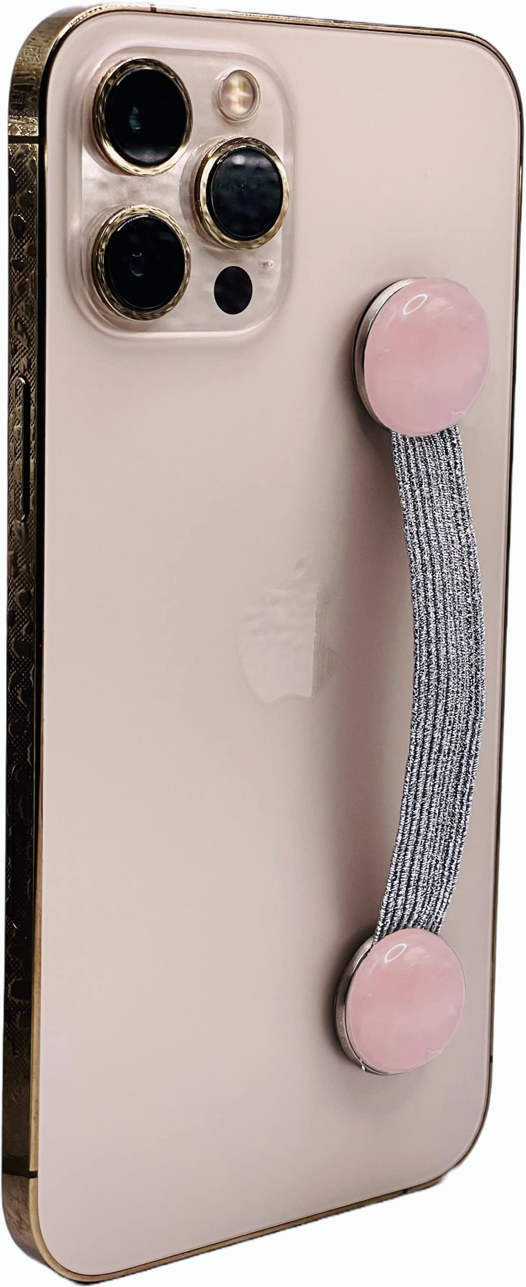 CRYSTALFY: Genuine Rose Quartz Phone Grip with Silver Elastic Strap - Natural Crystal Phone Holder Compatible with Wireless Charging for iPhone, Samsung & Smartphones - Perfect for Work, Travel & Daily Use