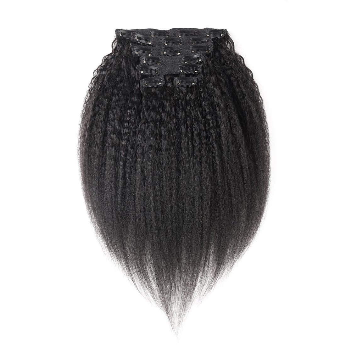 24 Inch Kinky Straight Extra Thick 160g Human Hair Clip-In Extensions - Jet Black Brazilian Virgin Hair (7-Piece Set with 16 Clips) for Women & Girls - Perfect for Volume, Length & Styling for Parties, Weddings & Everyday Wear