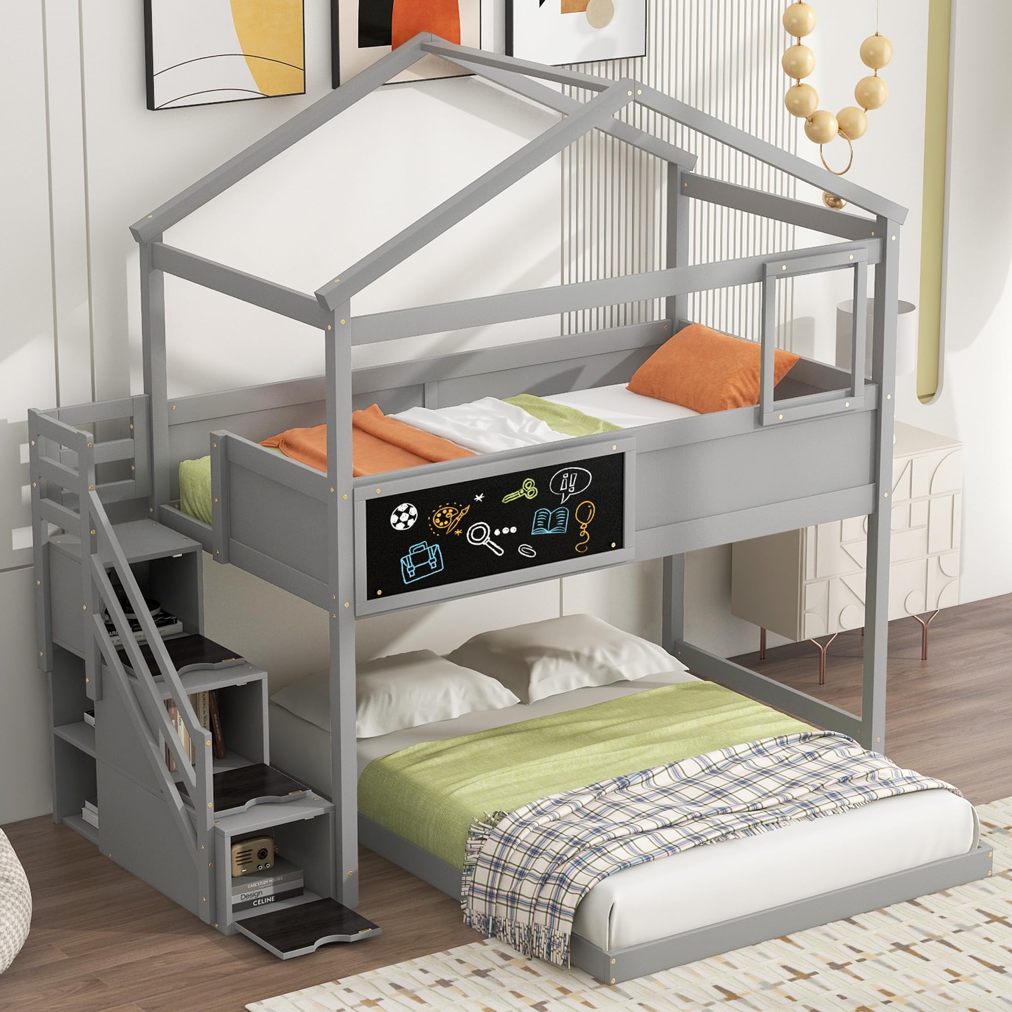 P PURLOVE Twin Over Full House Bunk Bed for Kids with Storage Staircase - Wooden Bunk Bed Frame with House Shape & Blackboard - Space-Saving Kids Bedroom Furniture for Siblings or Sleepovers