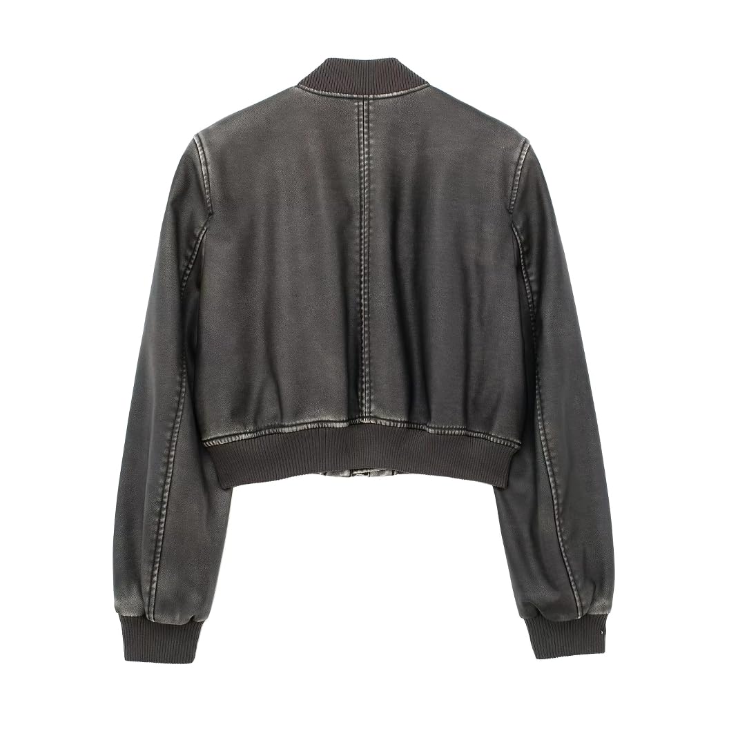 Vintage PU Leather Women's Bomber Jacket - Faux Leather Cropped Zip Up Jacket with Pockets | Casual Outerwear for Streetwear & Night Out Fashion