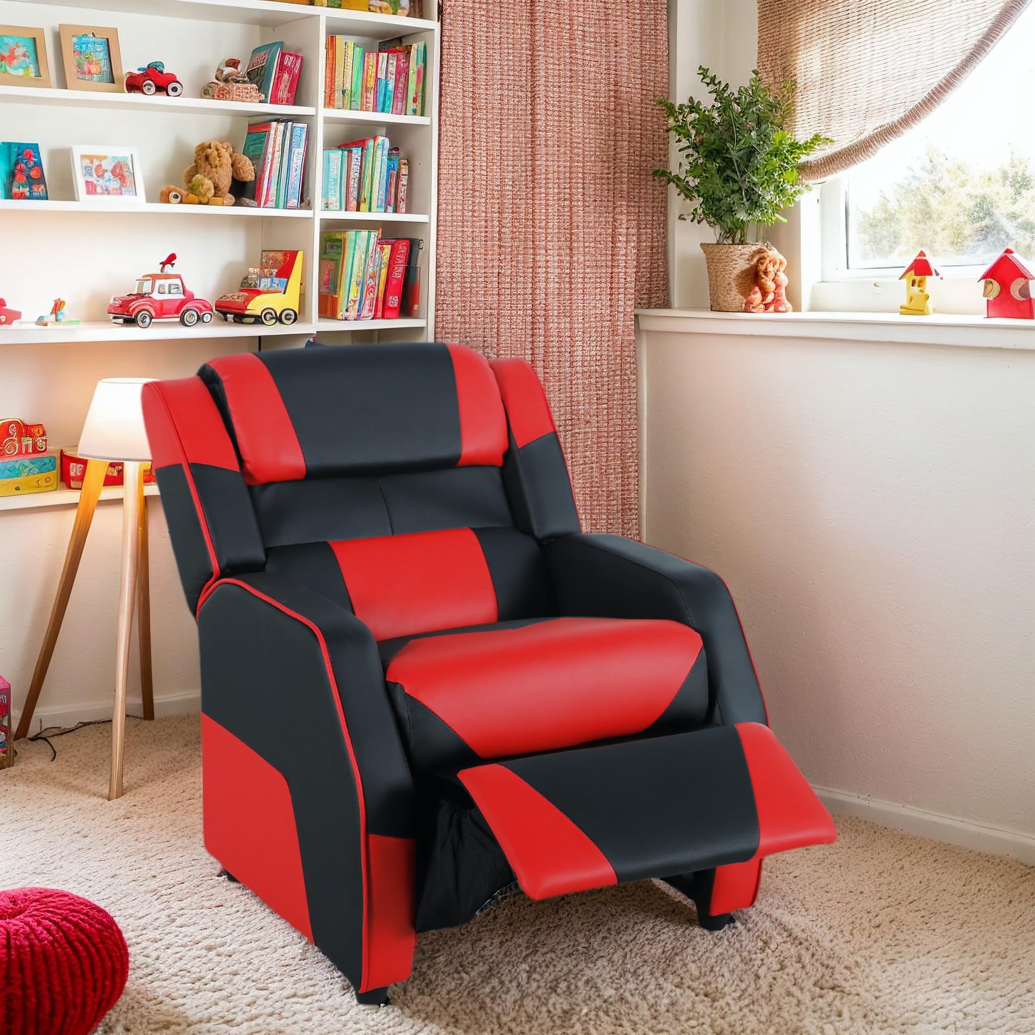 Premium Kids Gaming Chair - Racer Style Leather Recliner Sofa for Children Ages 3-12, Ergonomic Design with Lumbar Support (Black/Red) - Perfect for Gaming, Studying, and Relaxing in Bedroom or Playroom