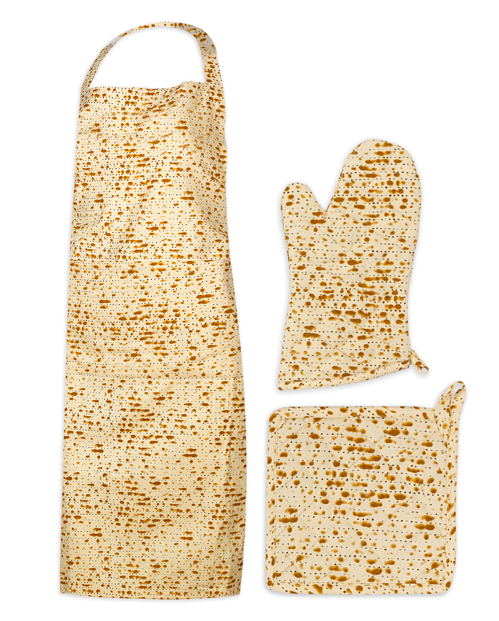 **Matzah Print Passover Kitchen Linen Set - Kosher Apron, Pot Holder & Oven Mitt - Pesach Seder & Cooking Essentials for Jewish Holidays**    *(Perfect for Hosting Passover Meals, Baking, and Holiday Kitchen Decor)*