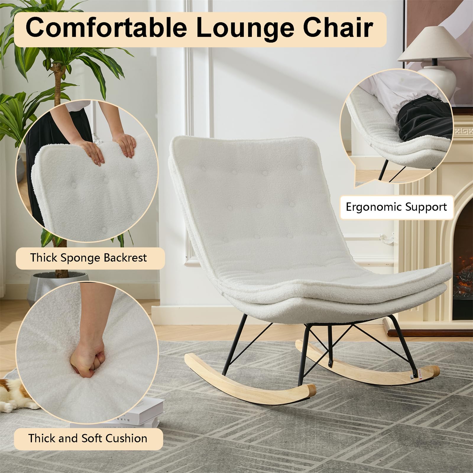 Modern Lazy Rocking Chair - Comfortable High Back Lounge Glider with Padded Seat, Stylish Accent Chair in Soft Linen Fabric (Cream) - Perfect for Living Room, Bedroom, Nursery or Office Relaxation