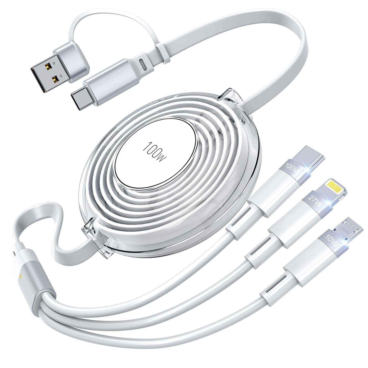 3-in-1 Retractable Charging Cable 100W Fast Charge - USB-C to Lightning/Type-C/Micro - Compatible with iPhone 15, Samsung Galaxy, MacBook, iPad Pro - Portable Travel Charger for Home, Office & Car Use