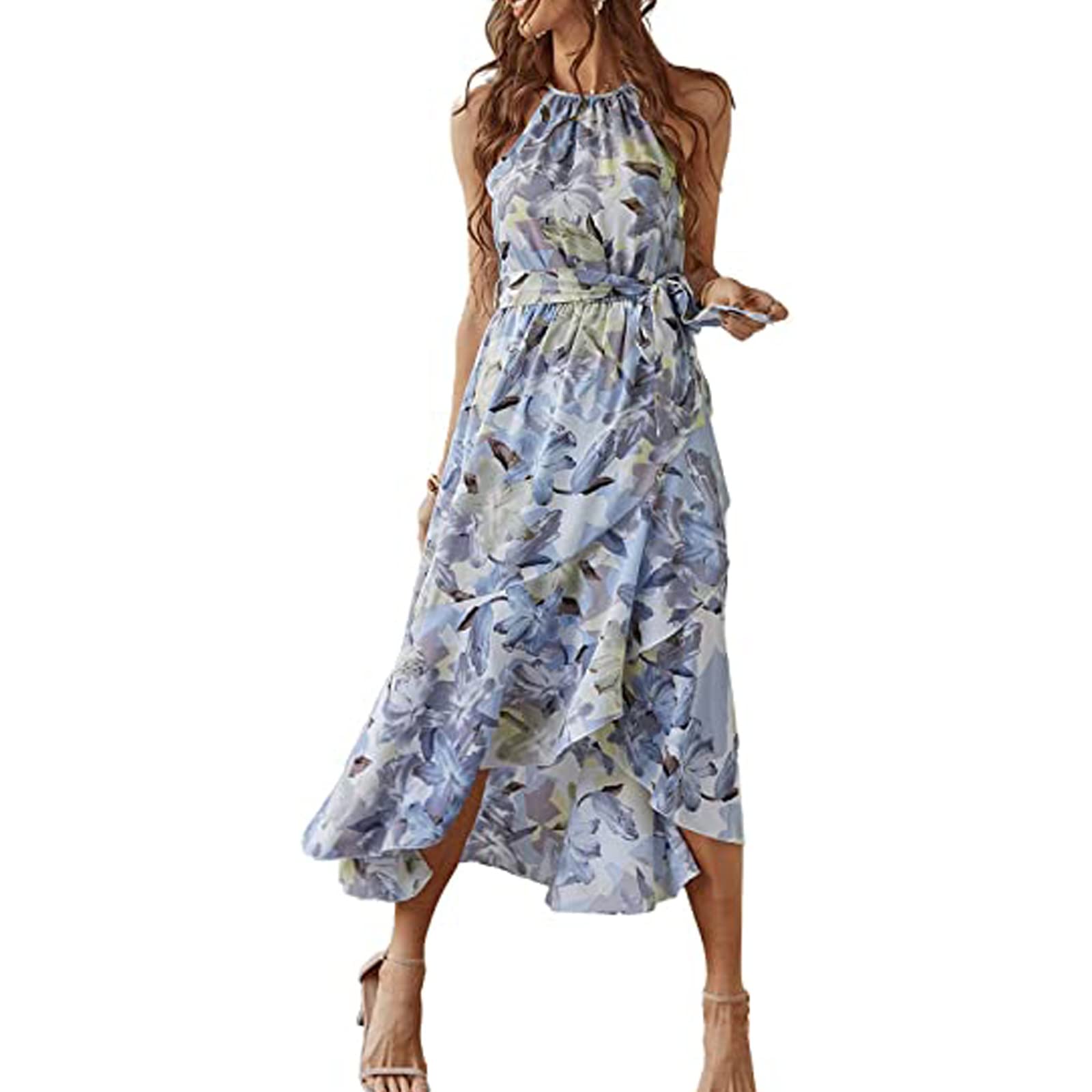 Women's Floral Bohemian Dress - Sleeveless Halter Neck High Waist Belt Ruched Cocktail Party Dress | Perfect for Summer Weddings, Beach Vacations & Night Out Events