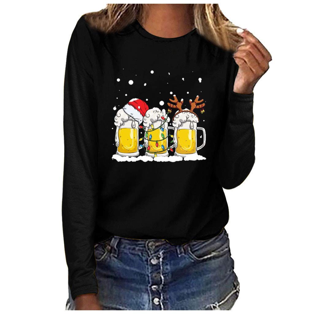 Women's Christmas Long Sleeve T-Shirt - Beer Graphic Printed Holiday Pullover Sweatshirt - Casual Loose Fit Xmas Tee for Parties & Family Gatherings