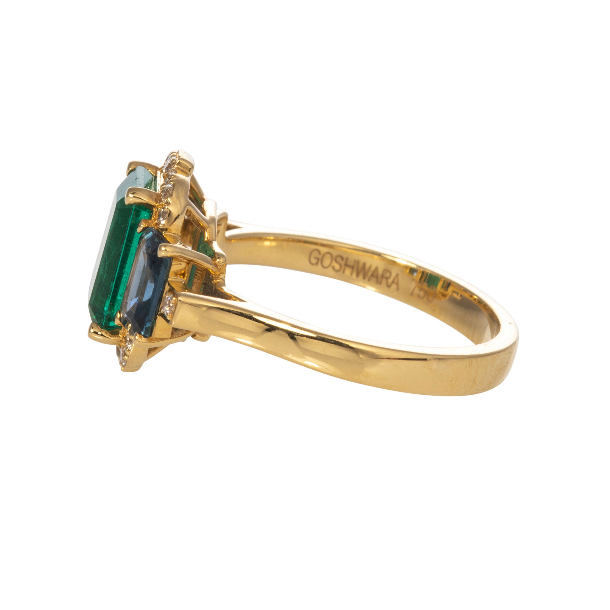 Goshwara 3 Stone Emerald & Sapphire 18K Gold Ring for Women - Elegant Vintage Jewelry for Engagement, Wedding & Special Occasions