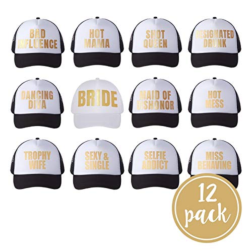 Pop Fizz Designs Bachelorette Party Trucker Hats - 12 Pack (1 Bride Hat + 11 Bridesmaid Hats) - Black Wedding Party Favors for Bachelorette Celebrations & Girls' Night Out