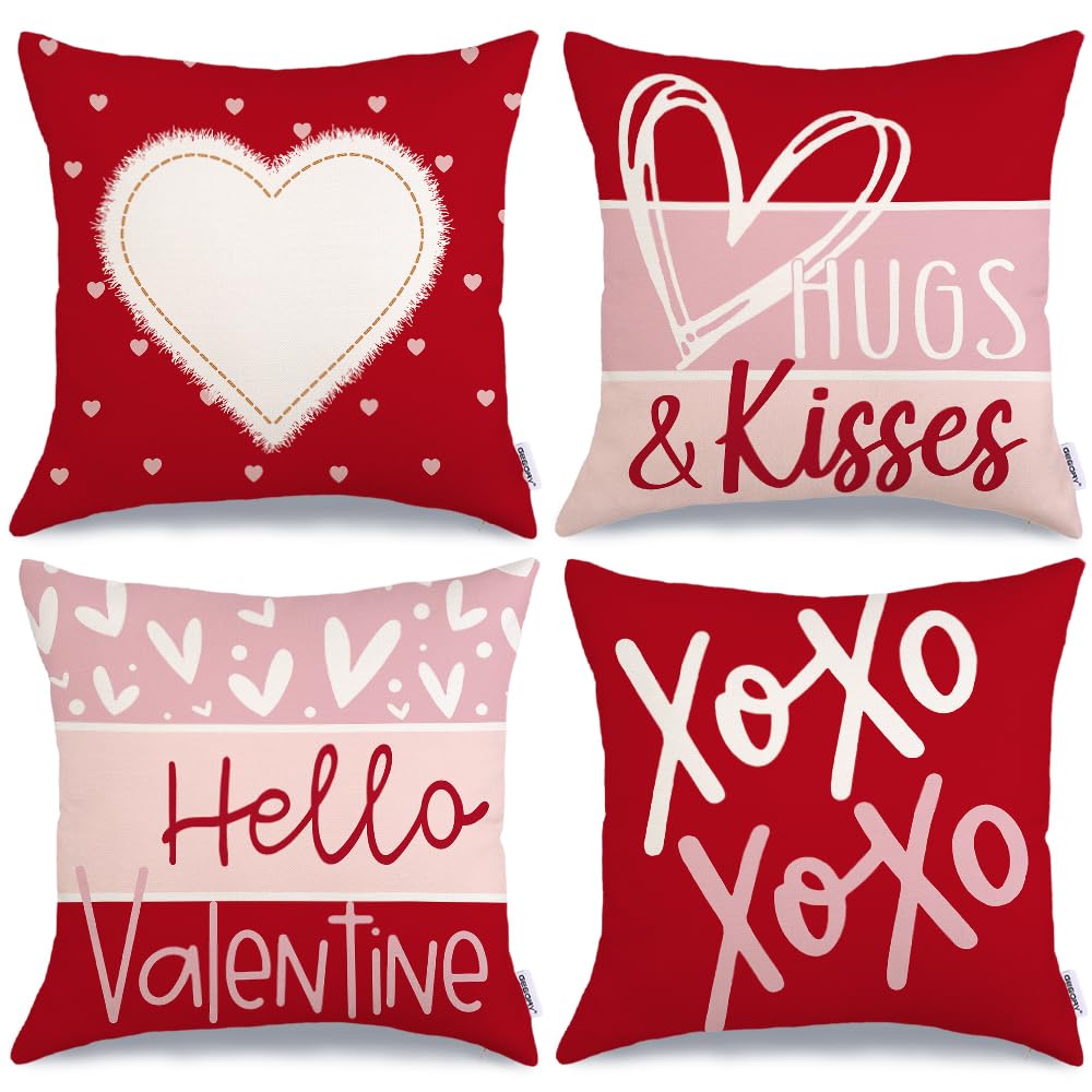 Valentine's Day Throw Pillow Covers 18x18 Inch Set of 4 - Red Heart XOXO Striped Farmhouse Decorative Cushion Cases for Home, Wedding & Couples Gift | Perfect for Sofa, Bedroom Decor & Romantic Gifts