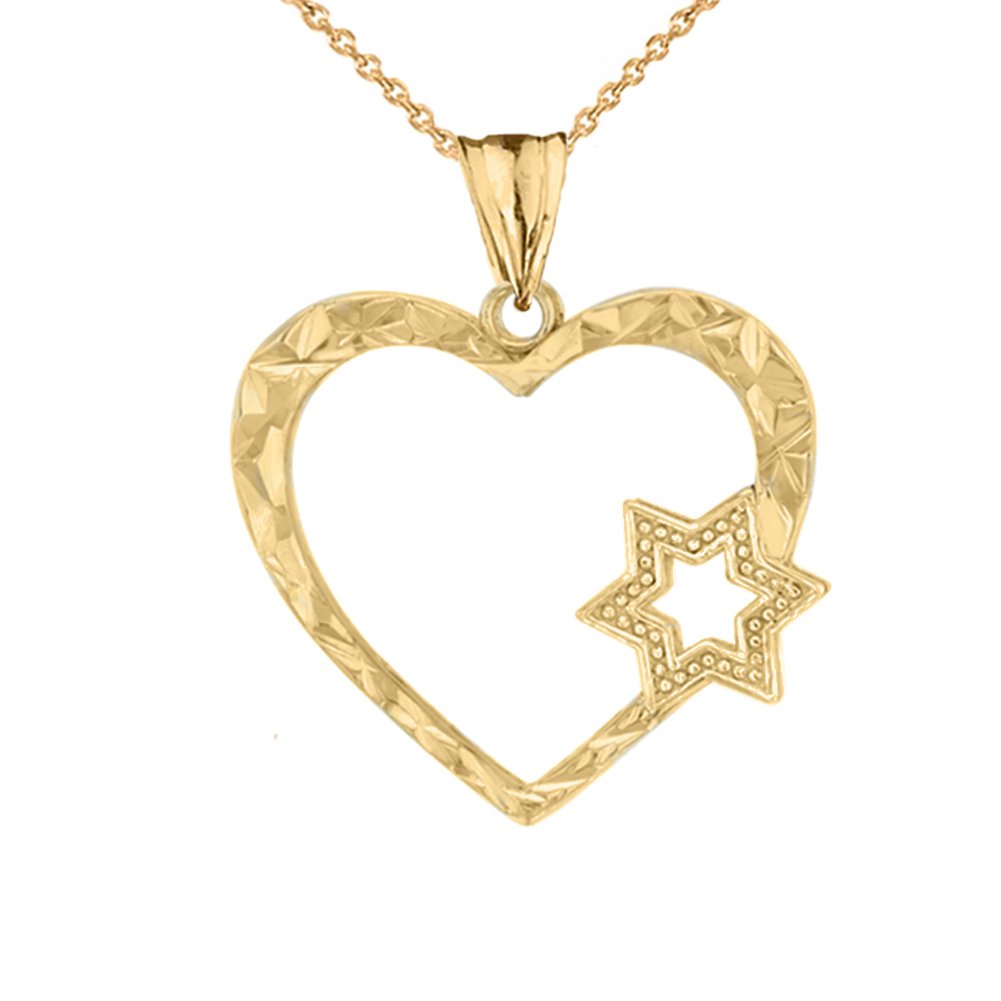 14k Yellow Gold Star of David Heart Pendant Necklace - Jewish Jewelry for Women, Men & Teens - Perfect for Hanukkah, Bar Mitzvah & Everyday Wear