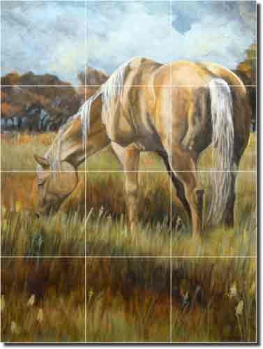 Debbie Hughbanks Pure Gold Horse Equine Ceramic Tile Mural - 17x12.75 Inch Kitchen Backsplash, Shower Wall Decor - Perfect for Farmhouse, Equestrian & Western Home Decor