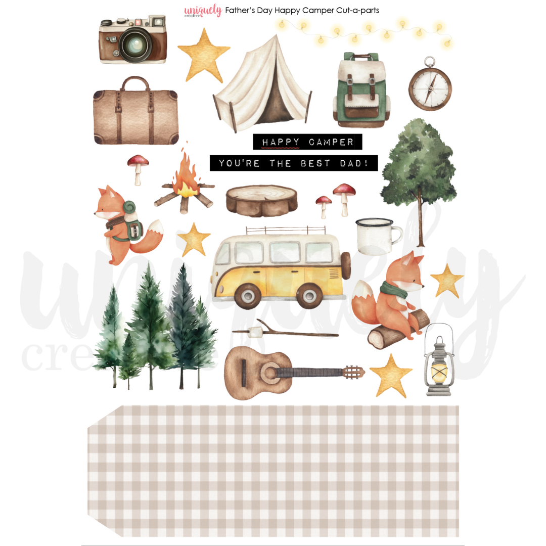 Happy Camper Father's Day Cutting Sheet - DIY Craft for Kids & Adults - Perfect for Scrapbooking, Card Making, and Party Decorations
