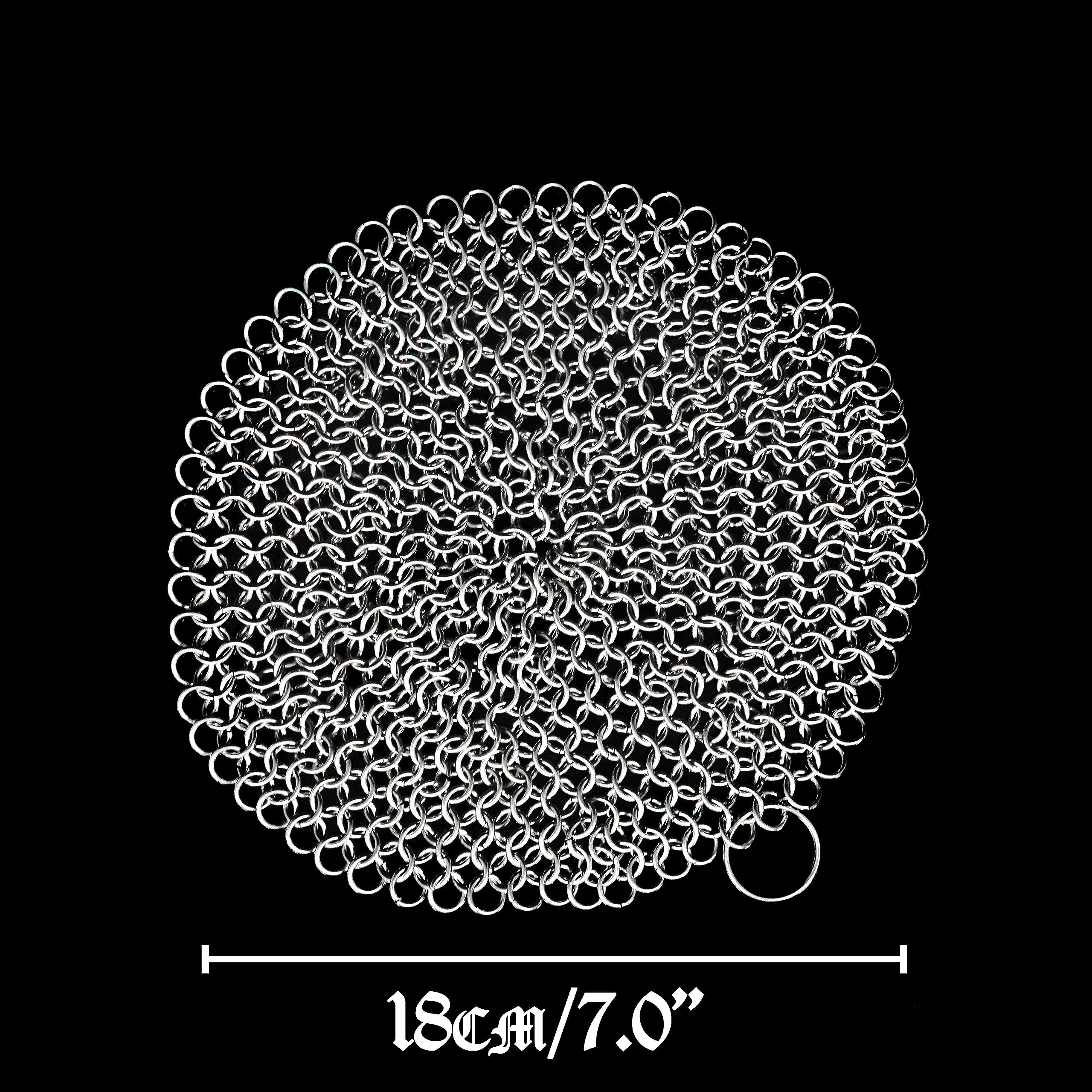 Mythrojan 7-Inch Stainless Steel Chainmail Scrubber for Cast Iron - Heavy Duty Pan Cleaner for Skillet, Wok, Dutch Oven & Cookware - Perfect for Camping, Outdoor Cooking & Kitchen Cleaning