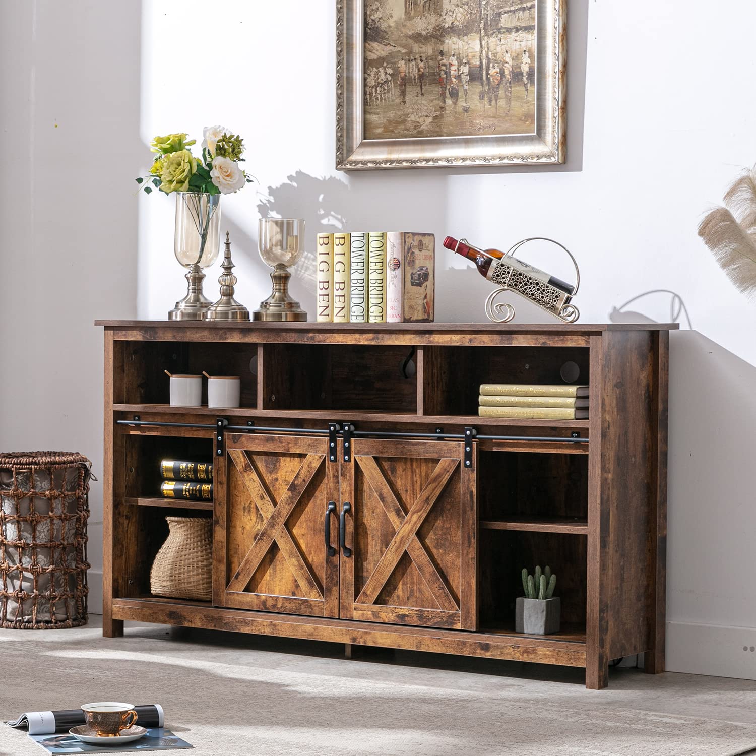 Rustic Farmhouse Coffee Bar Cabinet with Sliding Barn Door & Power Outlet - Buffet Server Sideboard Storage Cupboard for Dining Room, Kitchen, Entryway - Perfect for Coffee Stations, Home Bars & Kitchen Organization (Rustic Brown)